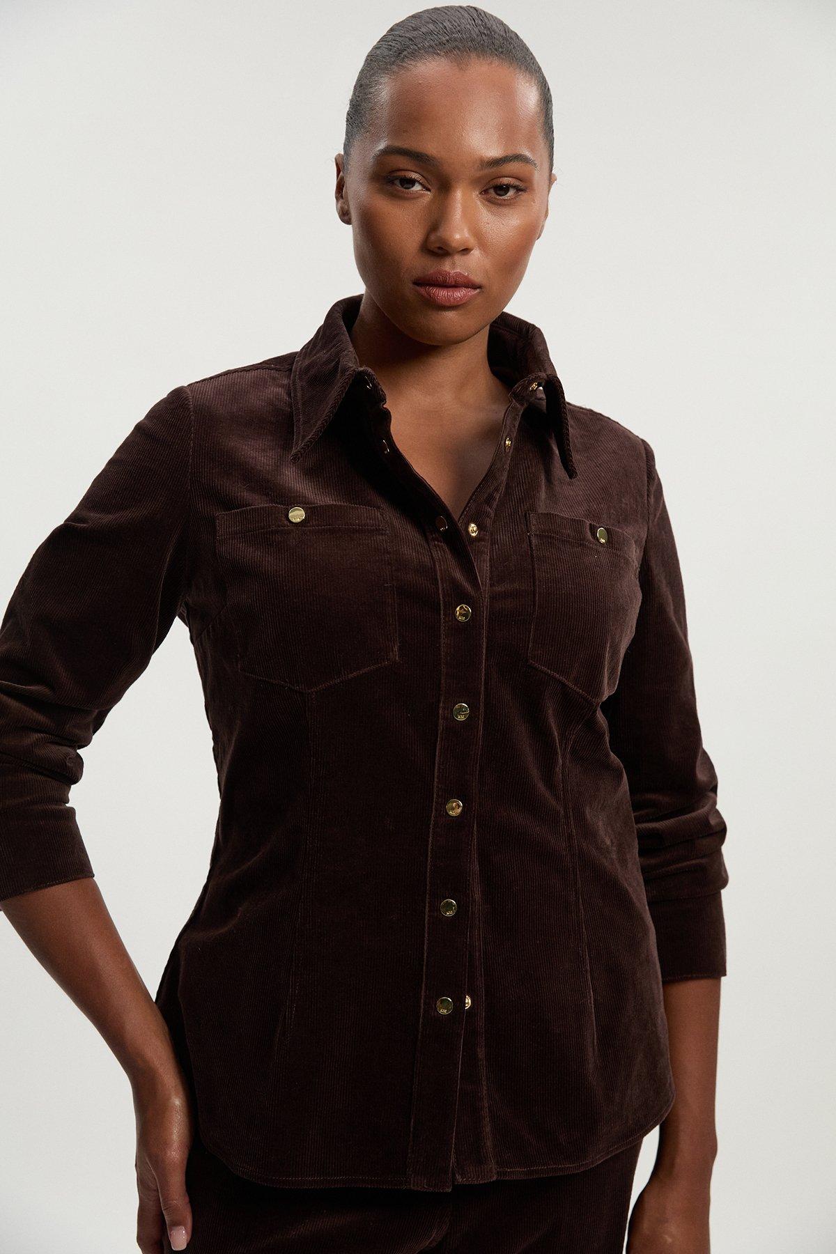 Plus Size Stretch Cord Tailored Shirt - Brown