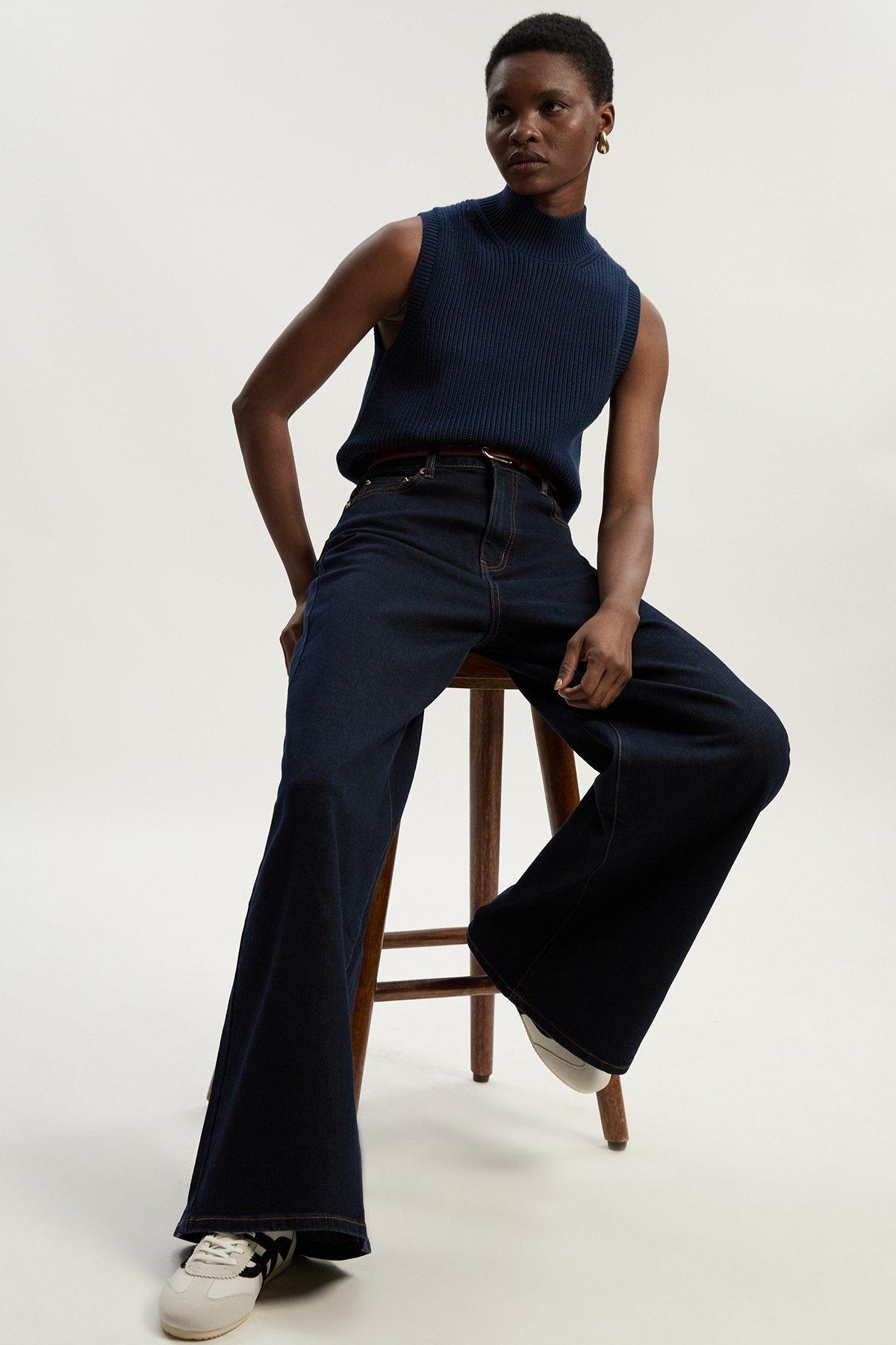 Stretch Denim Wide Leg Jean - Dark Blue