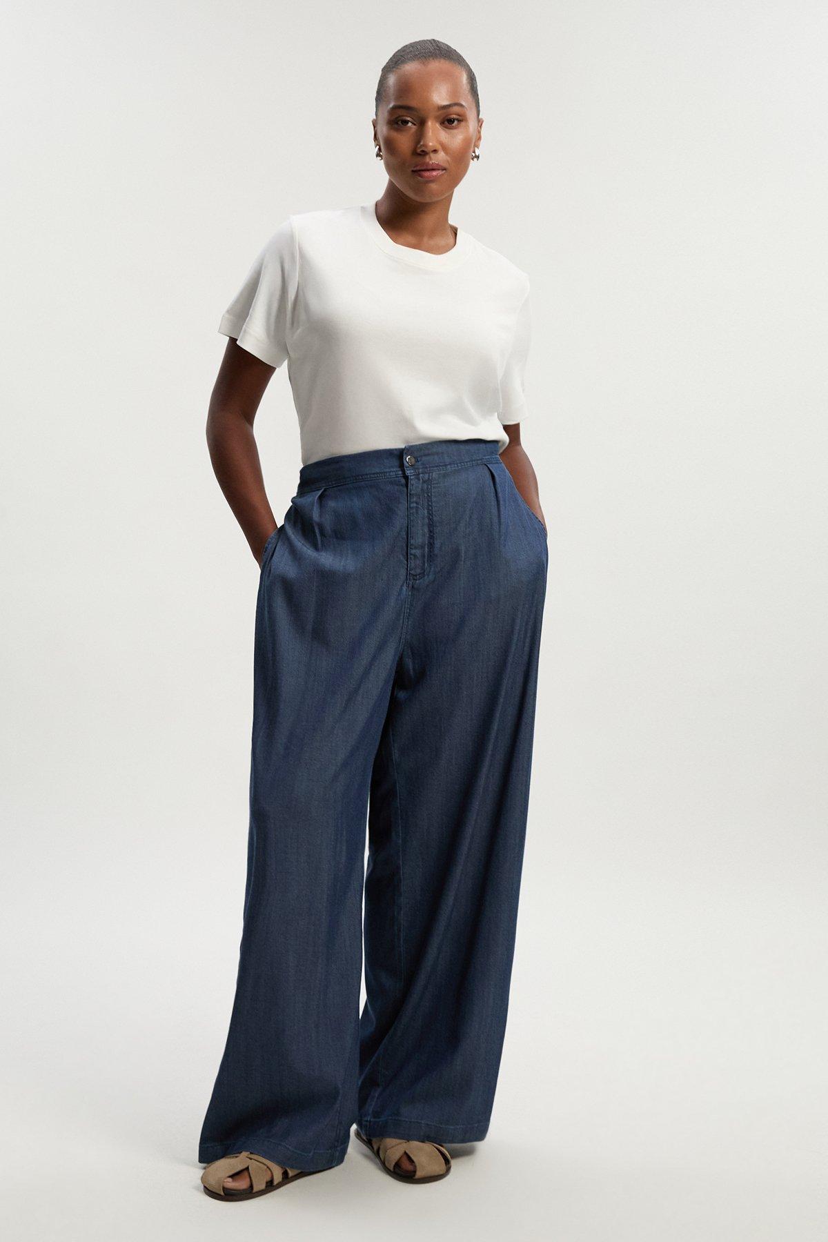 Plus Size Chambray Stretch Denim Wide Leg Trouser - Dark Blue