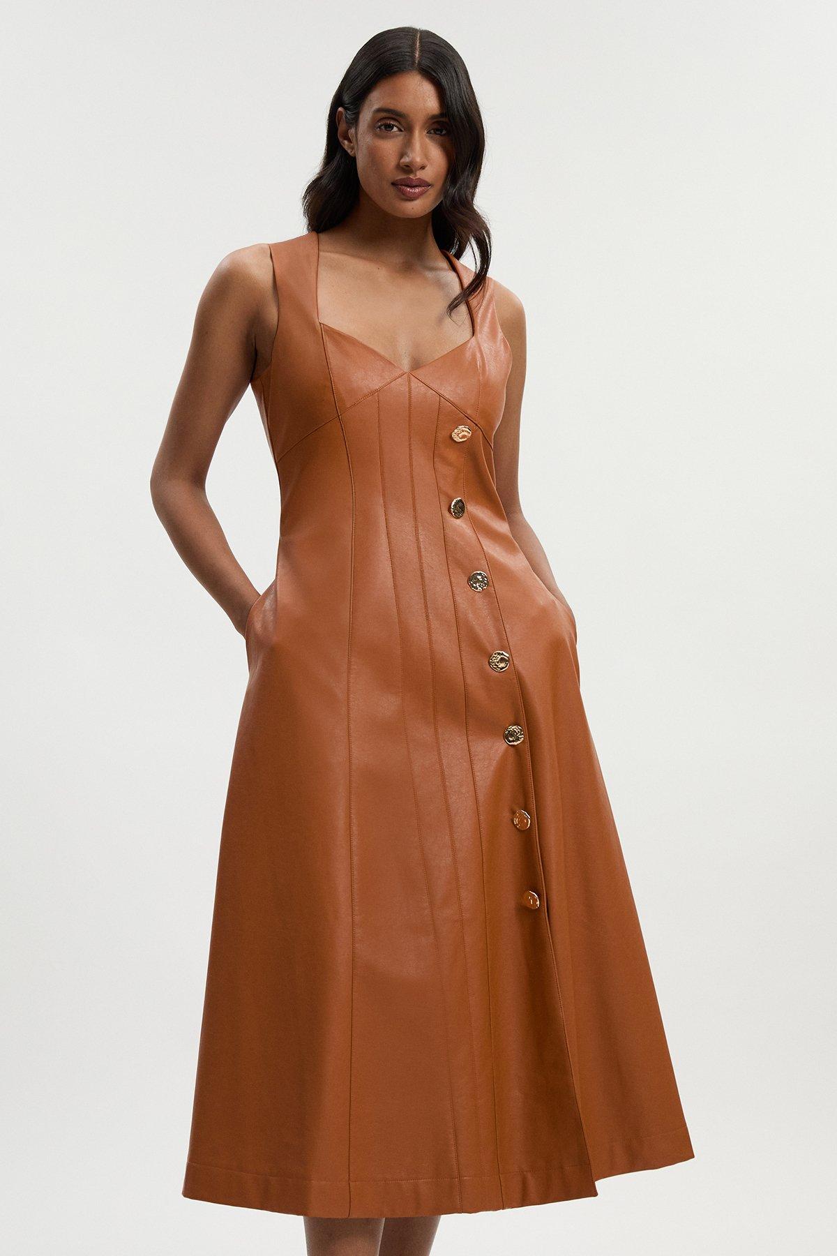 Faux Leather Button Detail Sleeveless Midi Dress - Camel