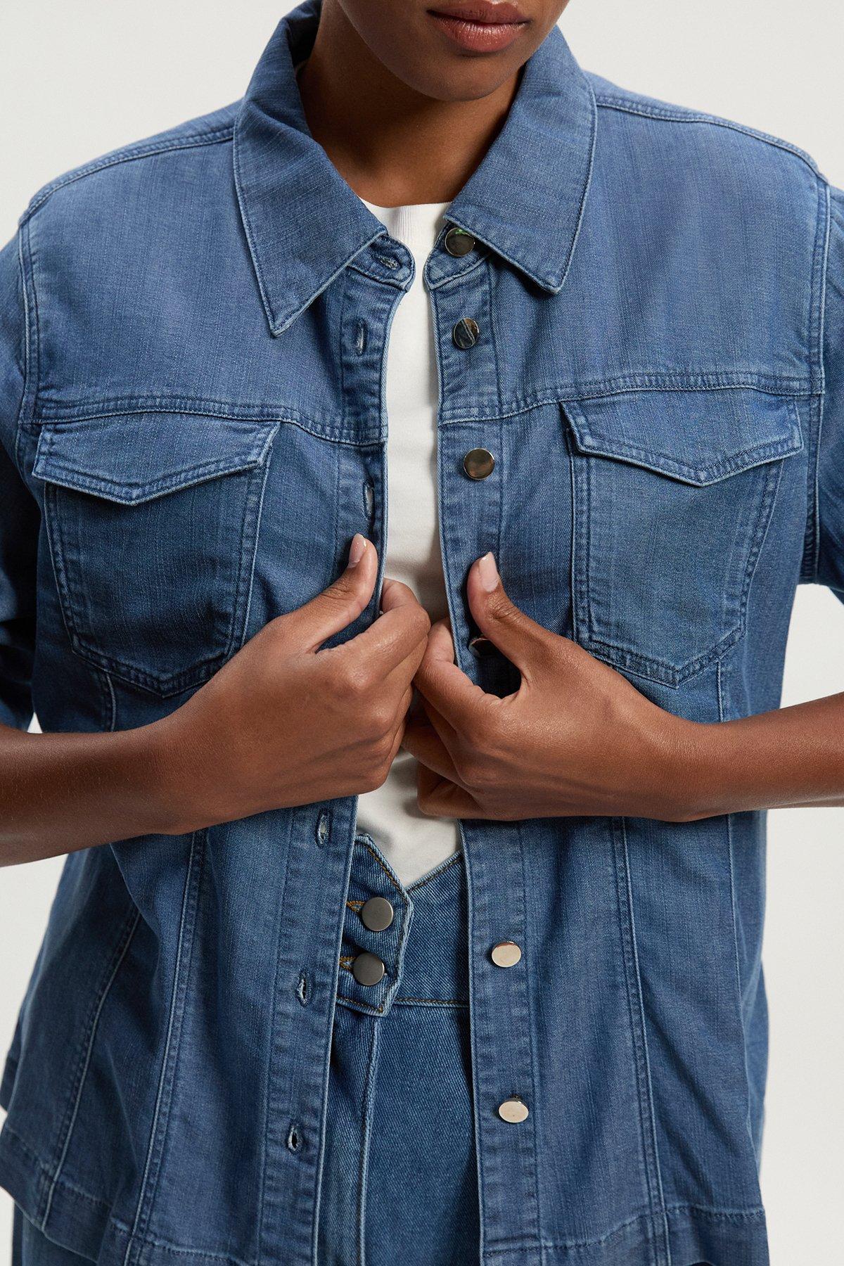 Plus Size Chambray Stretch Denim Shirt - Mid Blue