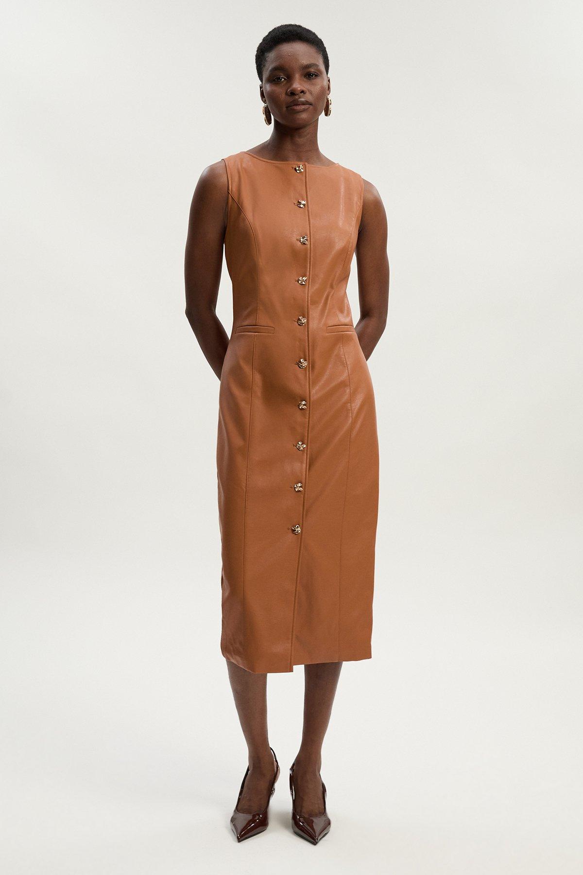 Petite Faux Leather Button Detail Midi Pencil Dress - Camel