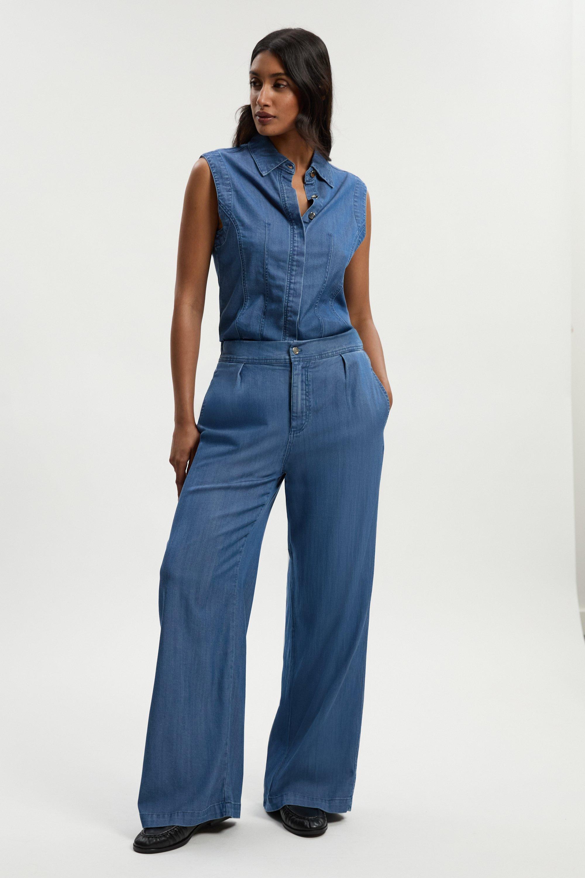 Petite Chambray Stretch Denim Wide Leg Trouser - Mid Blue