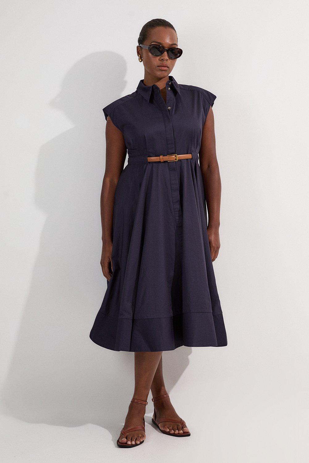 Plus Size Tailored Cotton Belted Collared Full Midi Dress - Navy