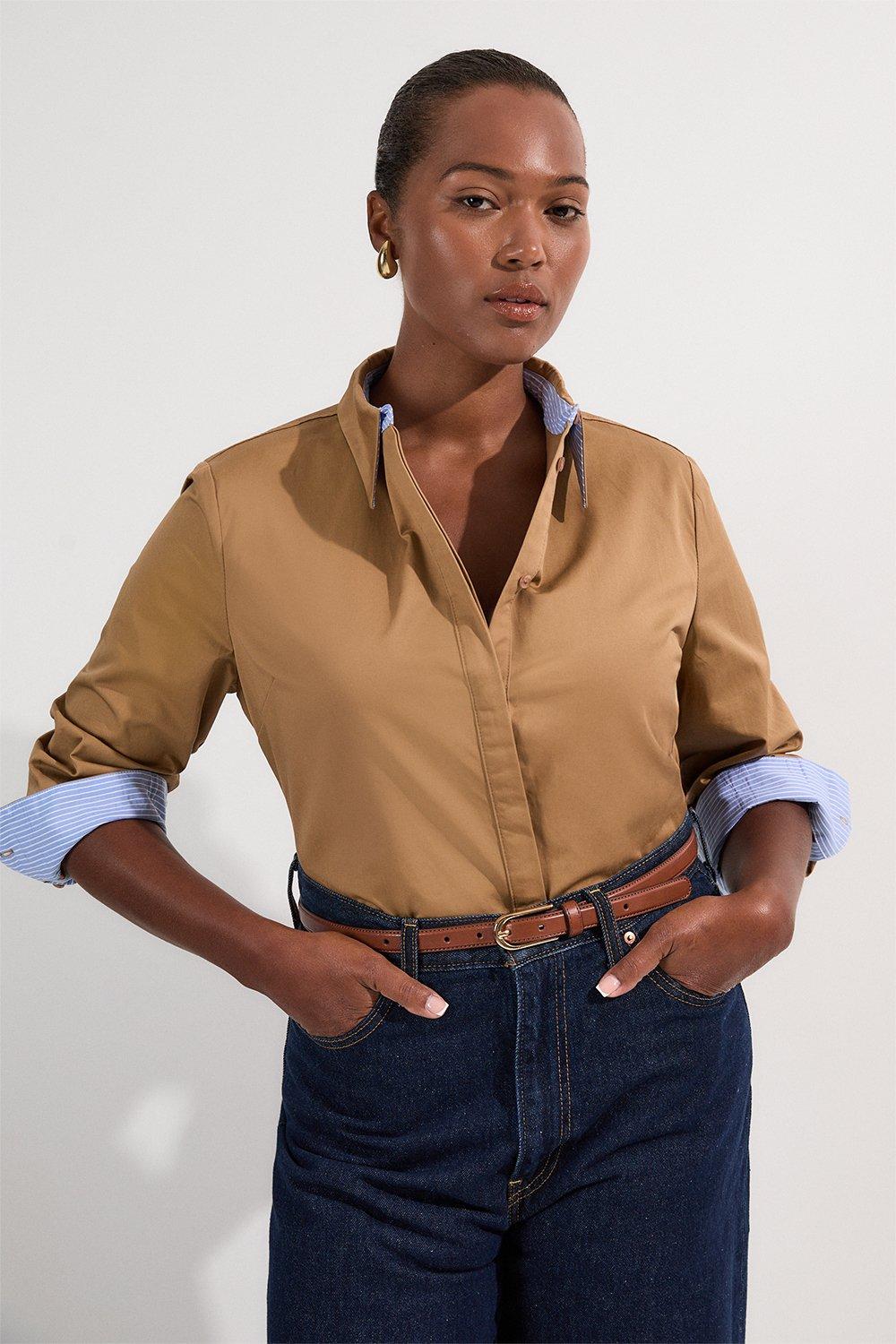 Plus Size Cotton Contrast Tailored Shirt - Camel