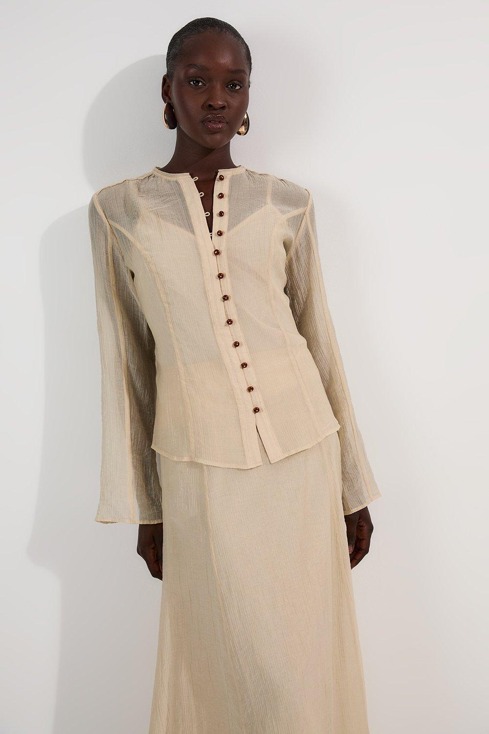 Crinkle Georgette Button Detail Woven Blouse - Nude
