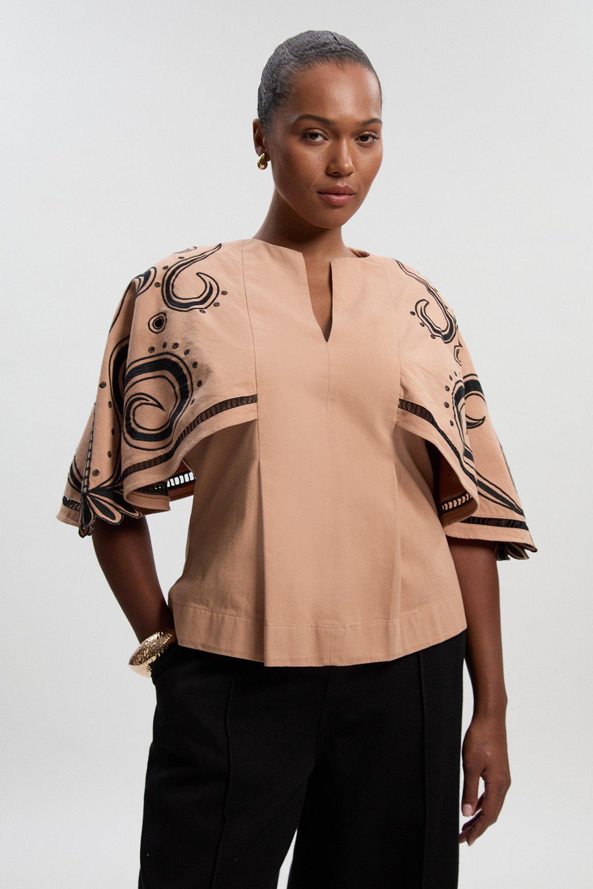 Plus Size Baroque Embroidered Cape Sleeve Woven Twill Top - Light Pink