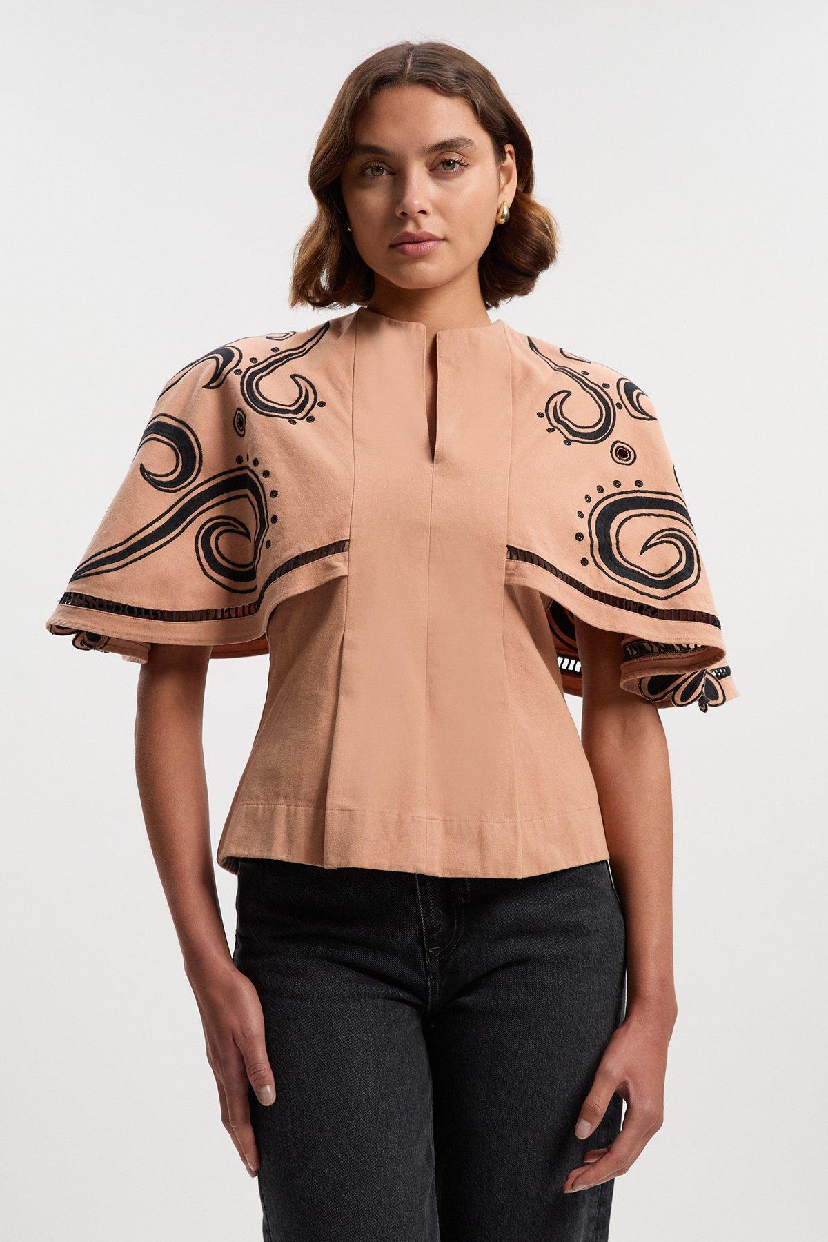 Baroque Embroidered Cape Sleeve Woven Twill Top - Light Pink