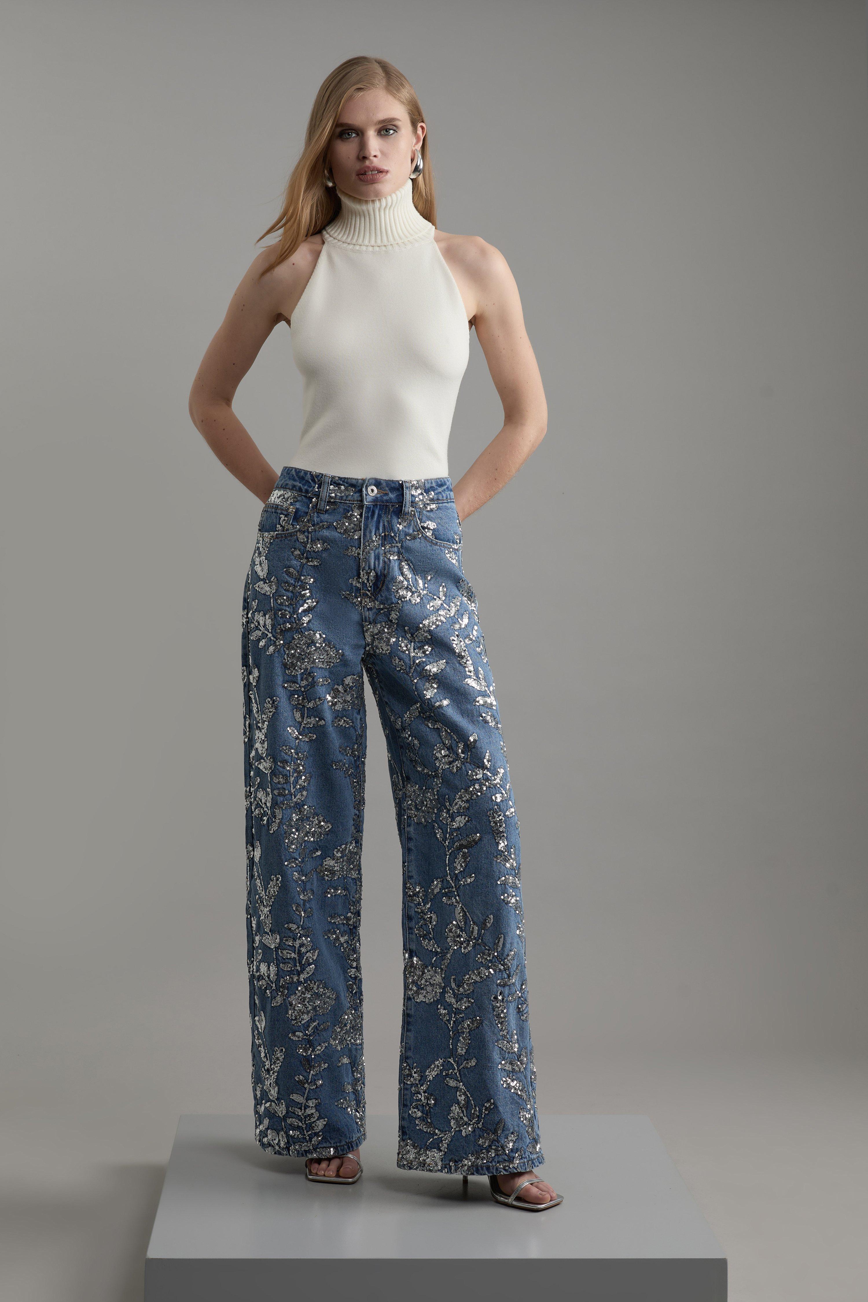 Petite Denim All Over Floral Sequin Wide Leg Trousers - Mid Blue
