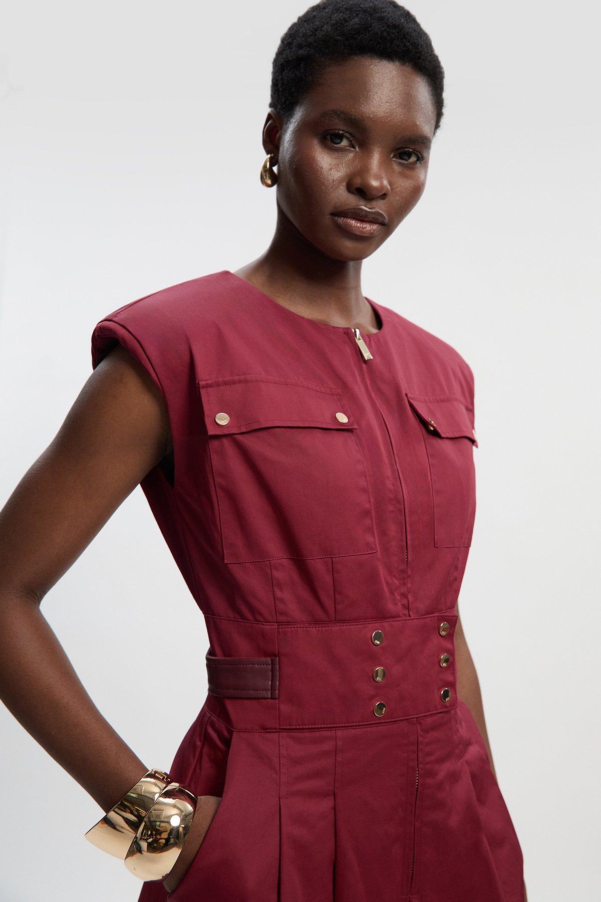 Petite Cotton & Faux Leather Tab Utility Jumpsuit - Red