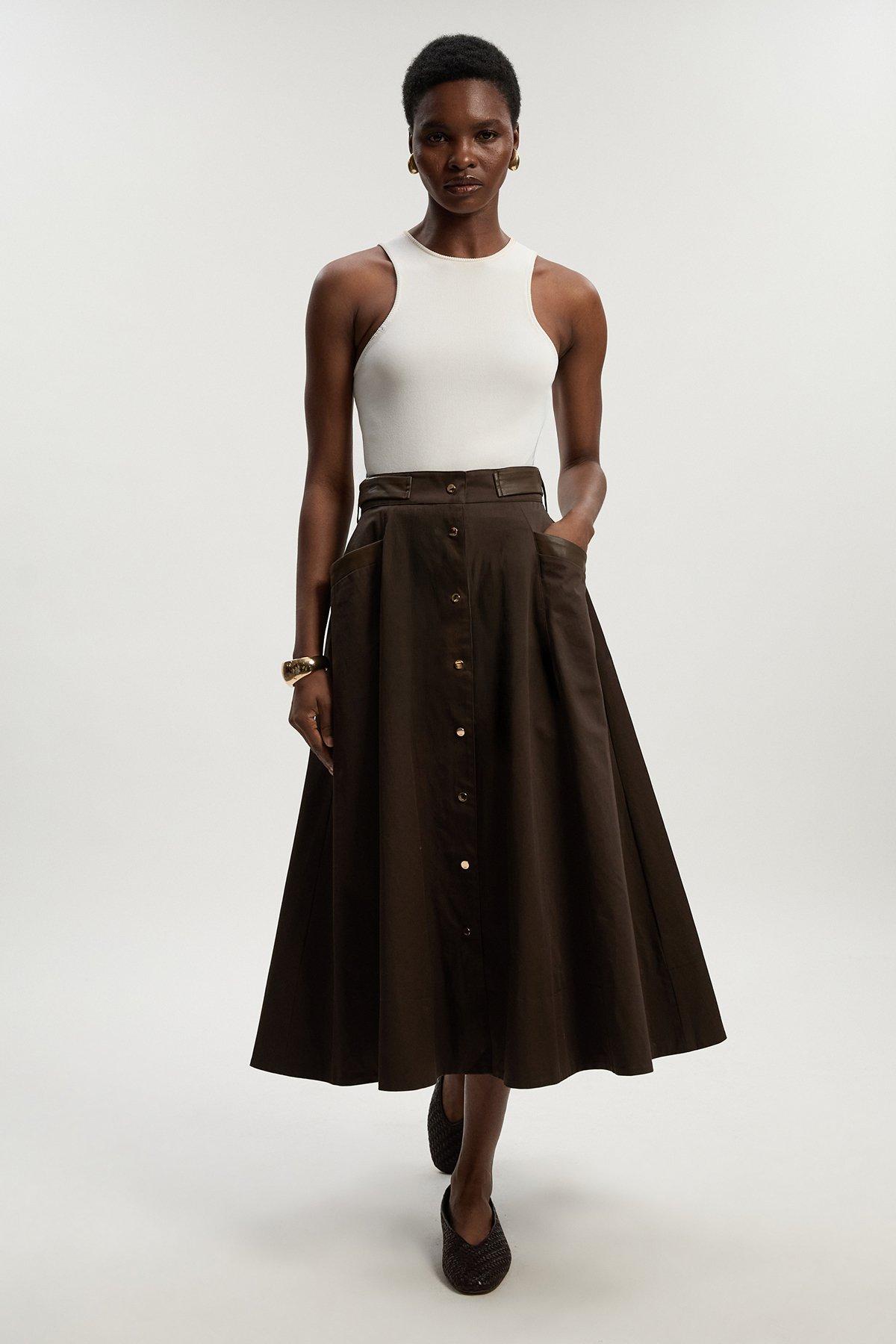 Tall Cotton & Faux Leather Tab Full Maxi Skirt - Brown