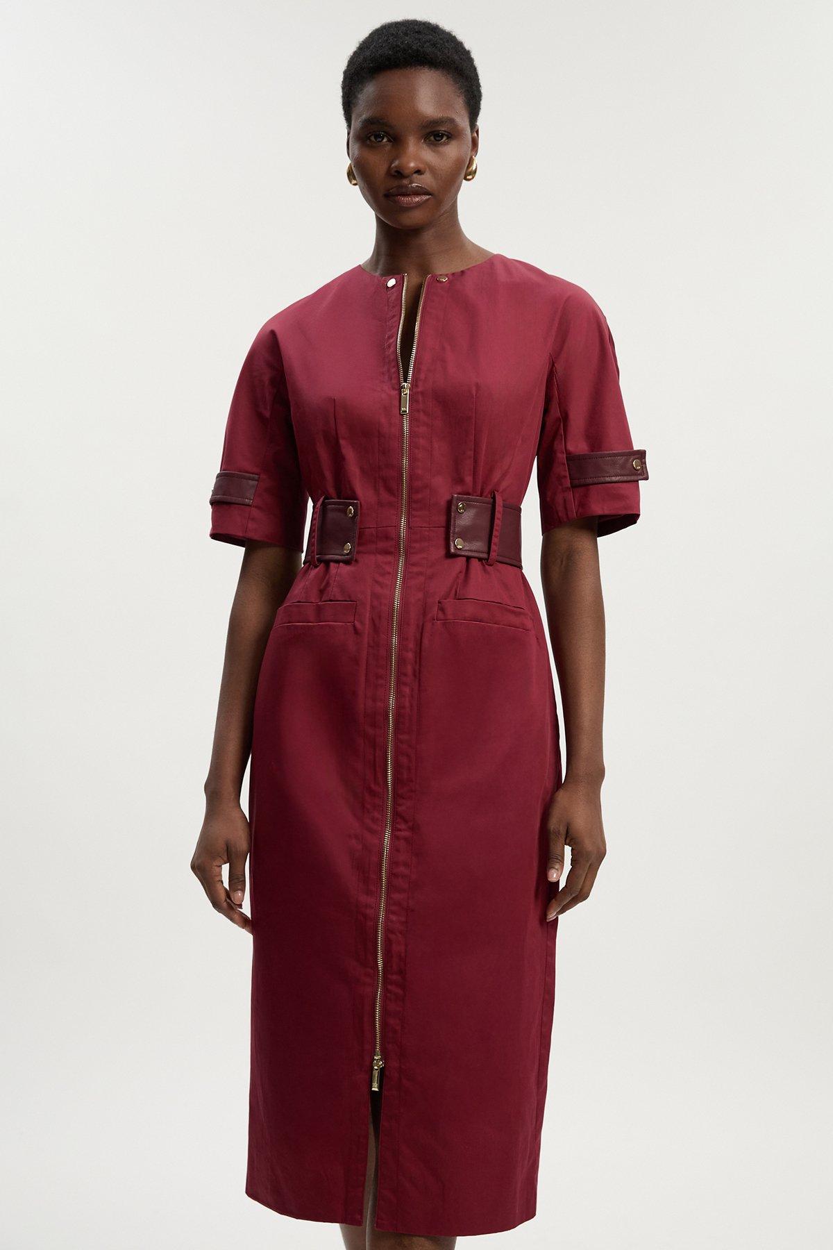 Cotton & Faux Leather Tab Utility Midi Dress - Red