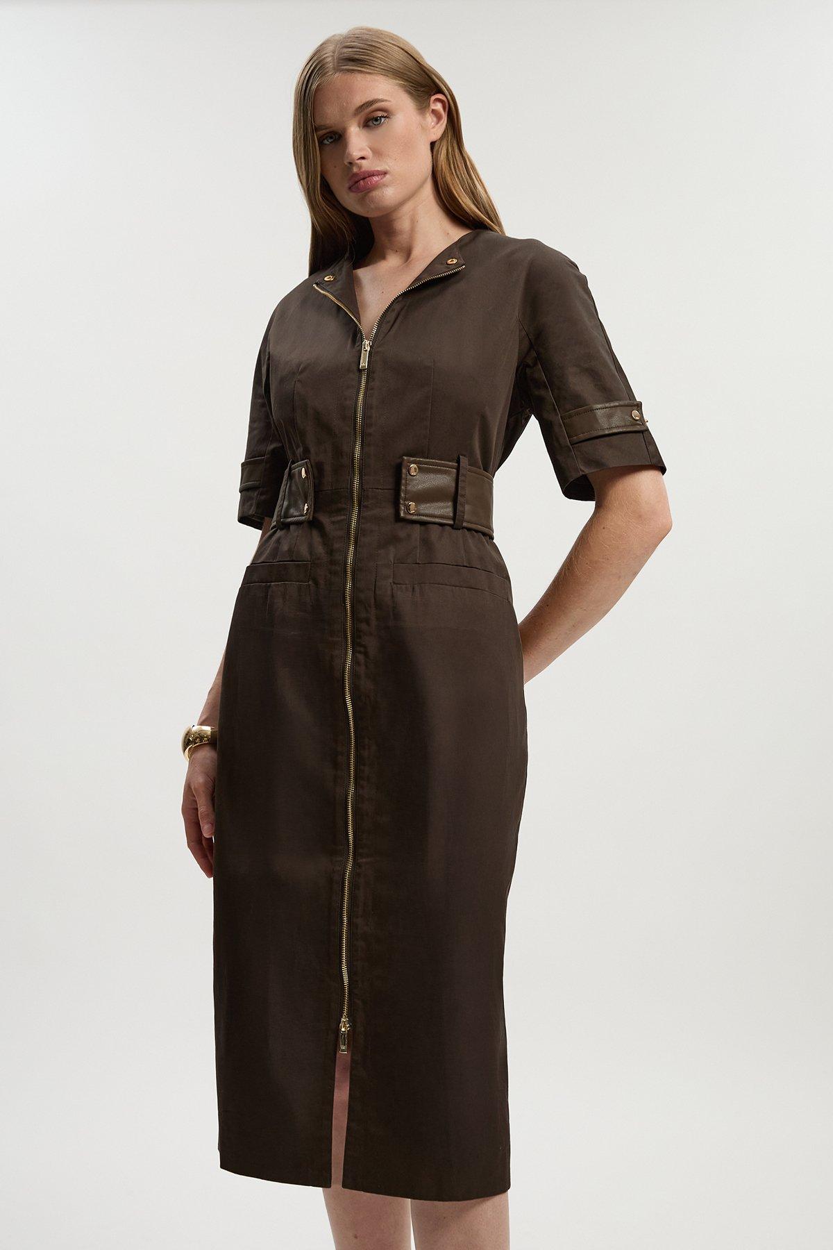Cotton & Faux Leather Tab Utility Midi Dress - Brown