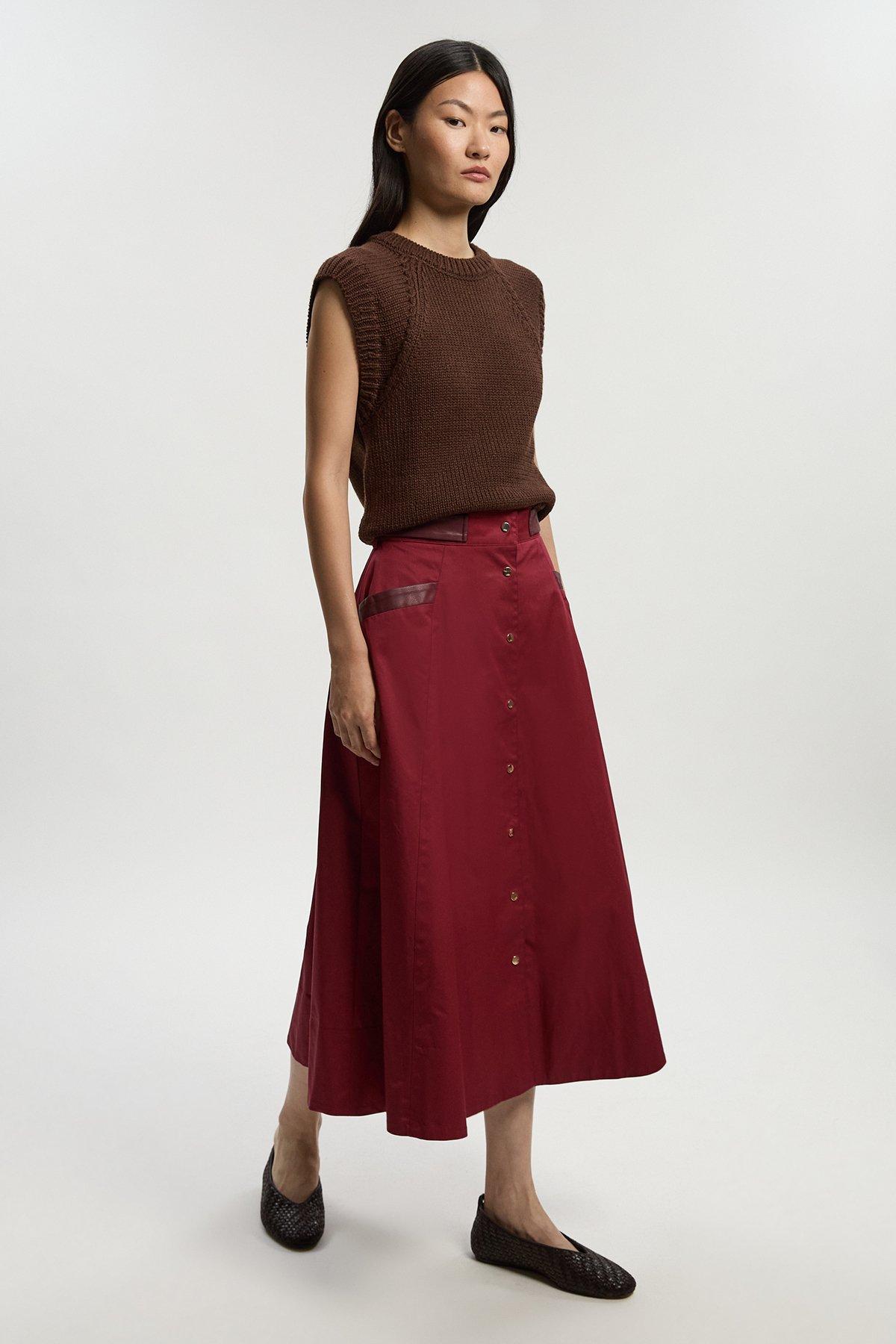 Cotton & Faux Leather Tab Full Maxi Skirt - Red