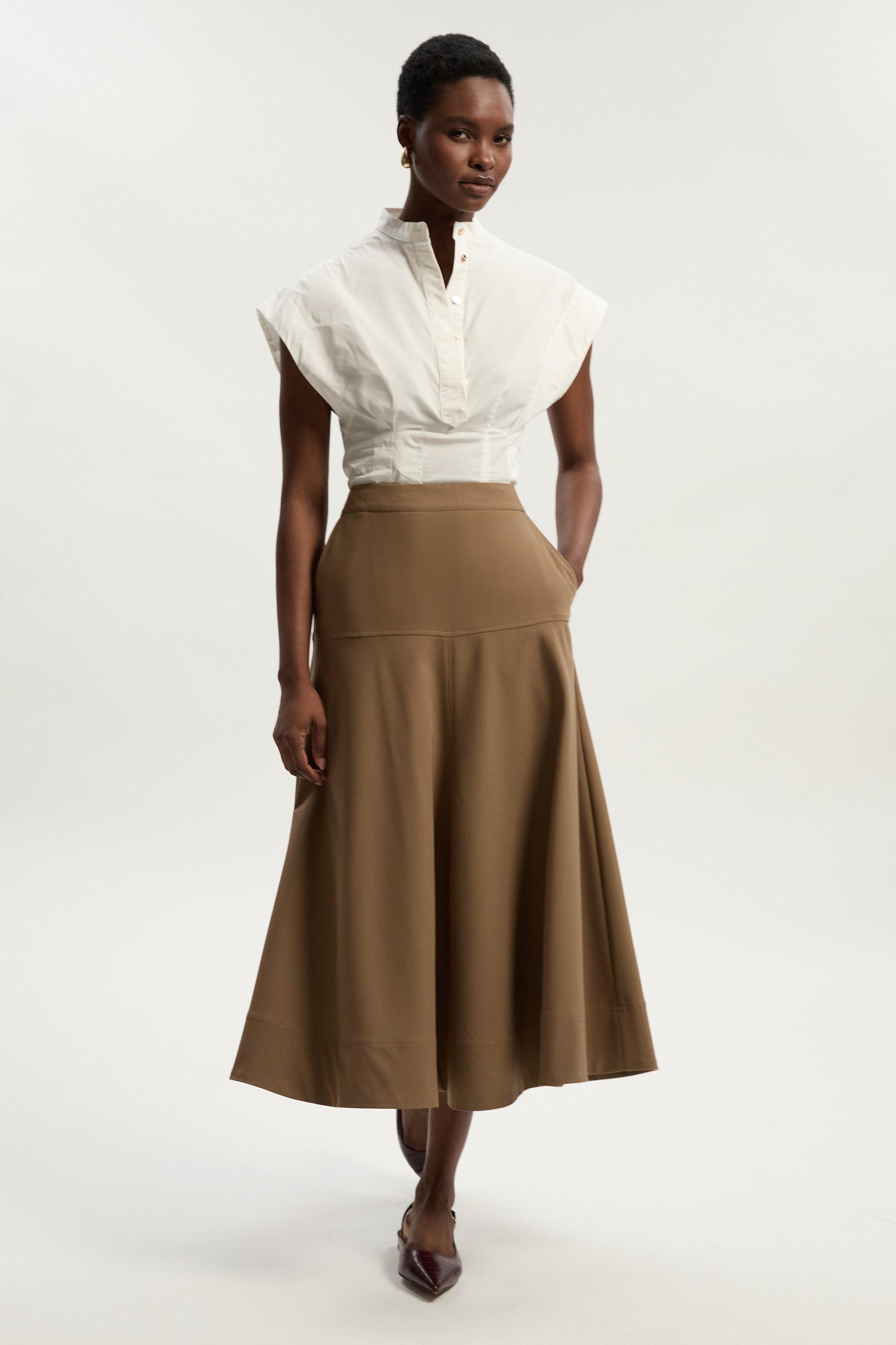Viscose Blend Tailored Full skirt - Camel