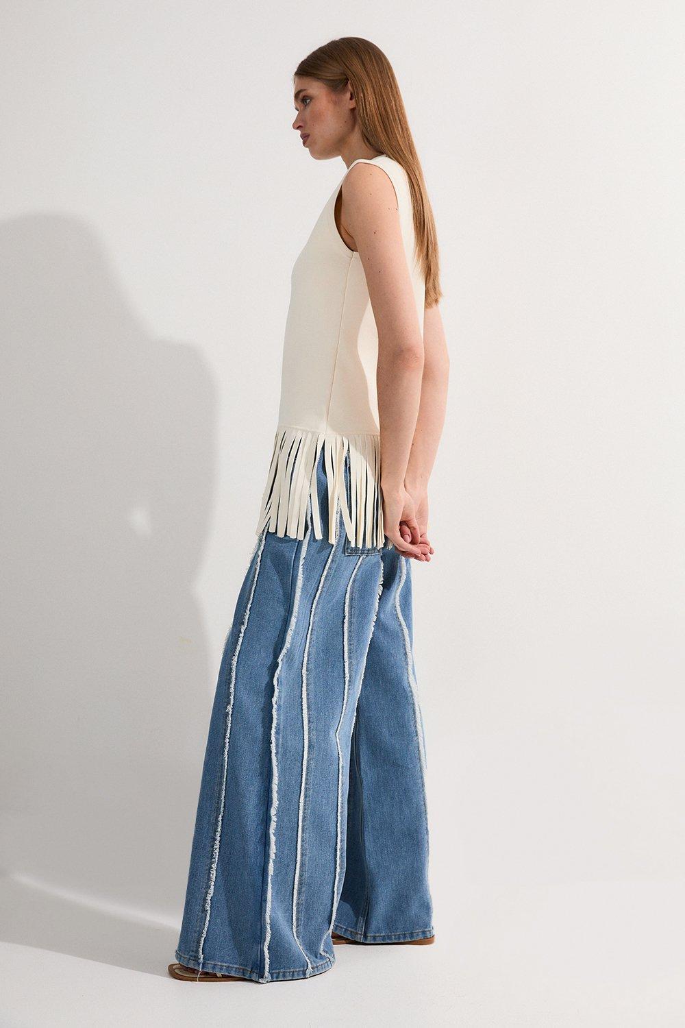 Petite Denim Tassel Detail Wide Leg Jeans - Mid Blue
