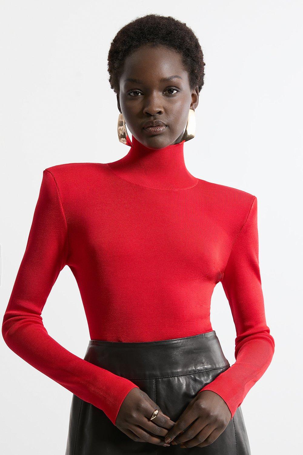Slinky Drape Knit Power Shoulder Funnel Neck Top - Red