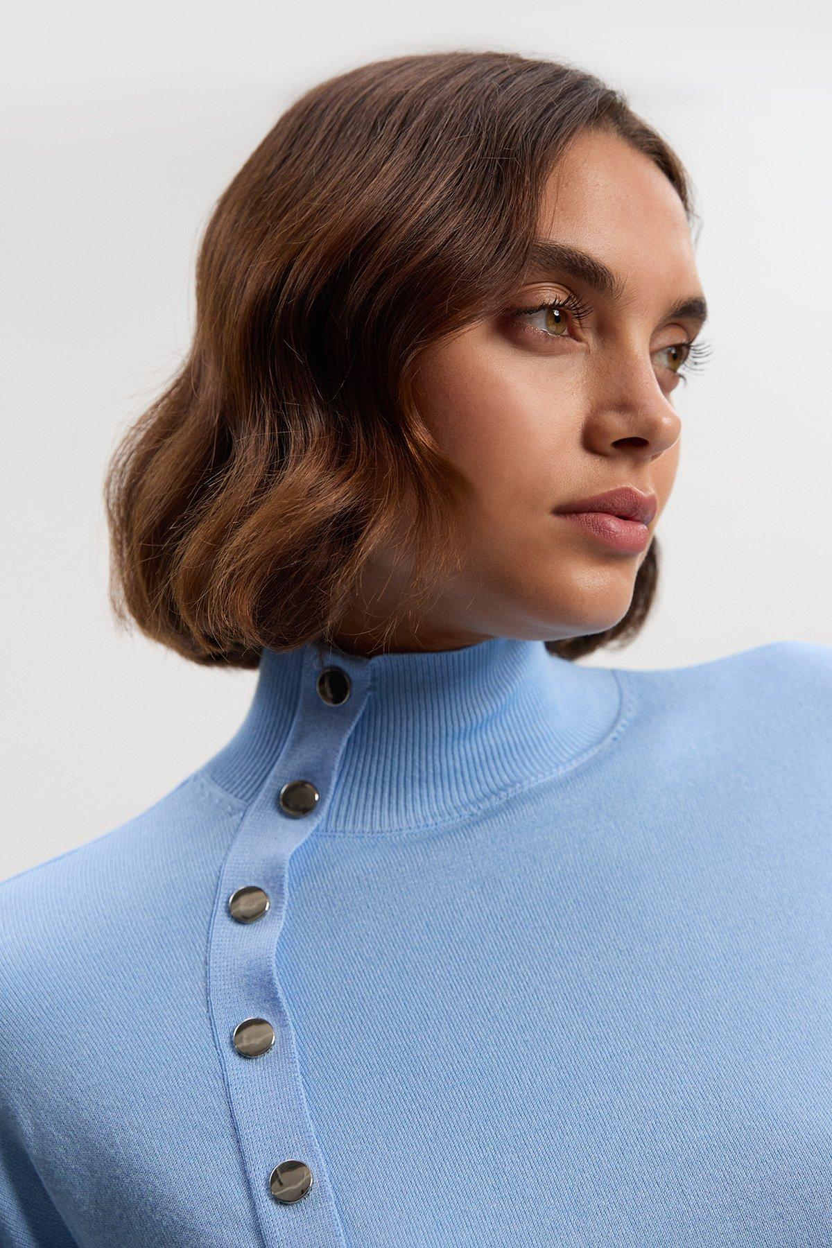Viscose Blend Popper Detail Knit Jumper - Pale Blue
