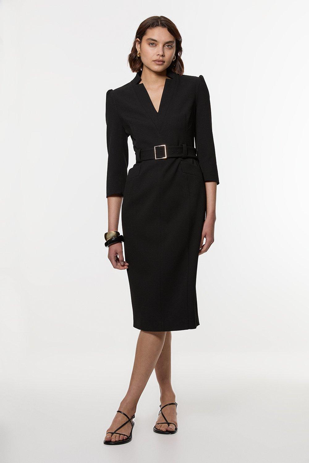 Structured Crepe Belted Forever Midi Dress - Black