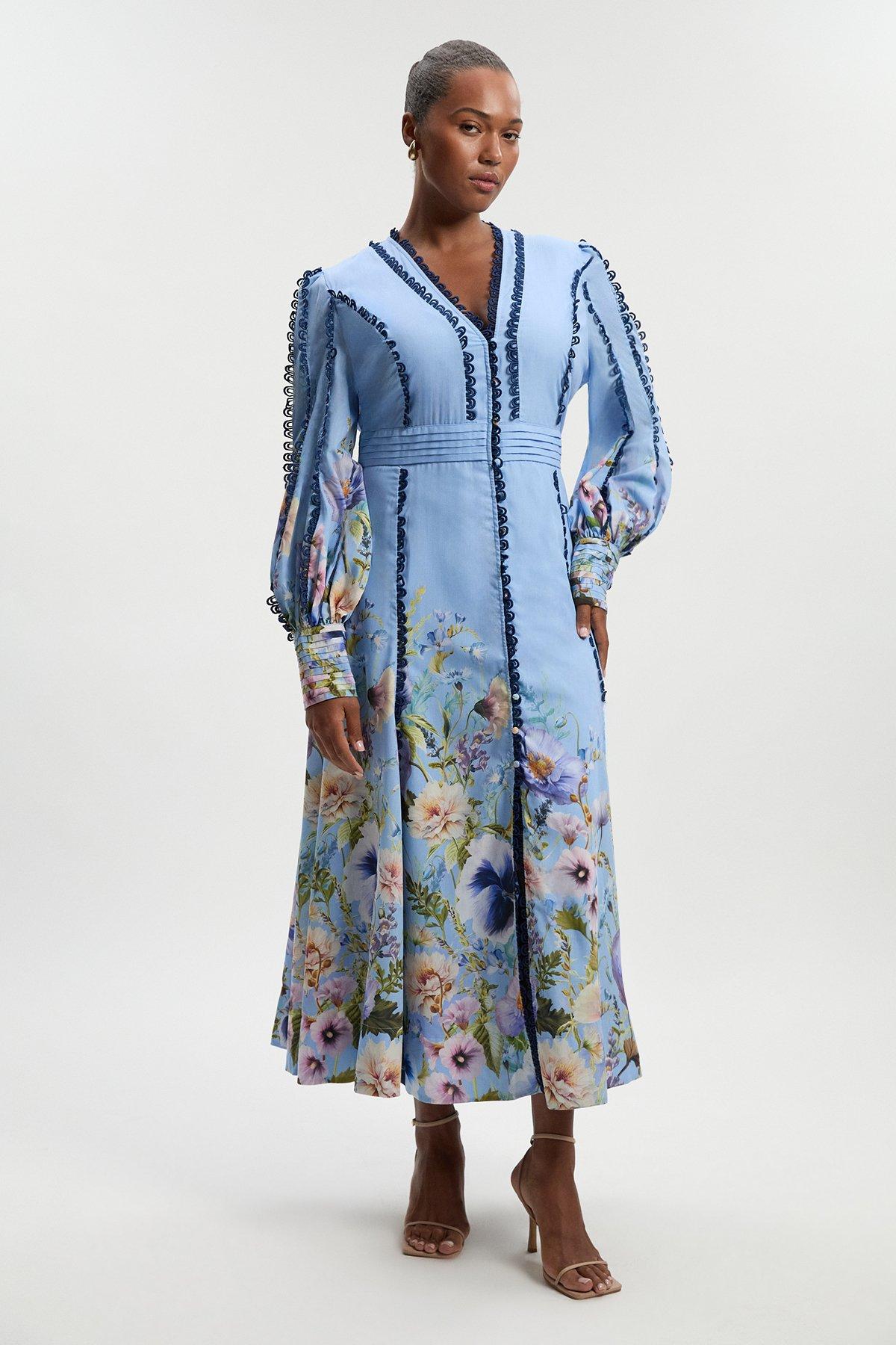 Plus Size Trailing Floral Woven Plunge Maxi Dress - Blue