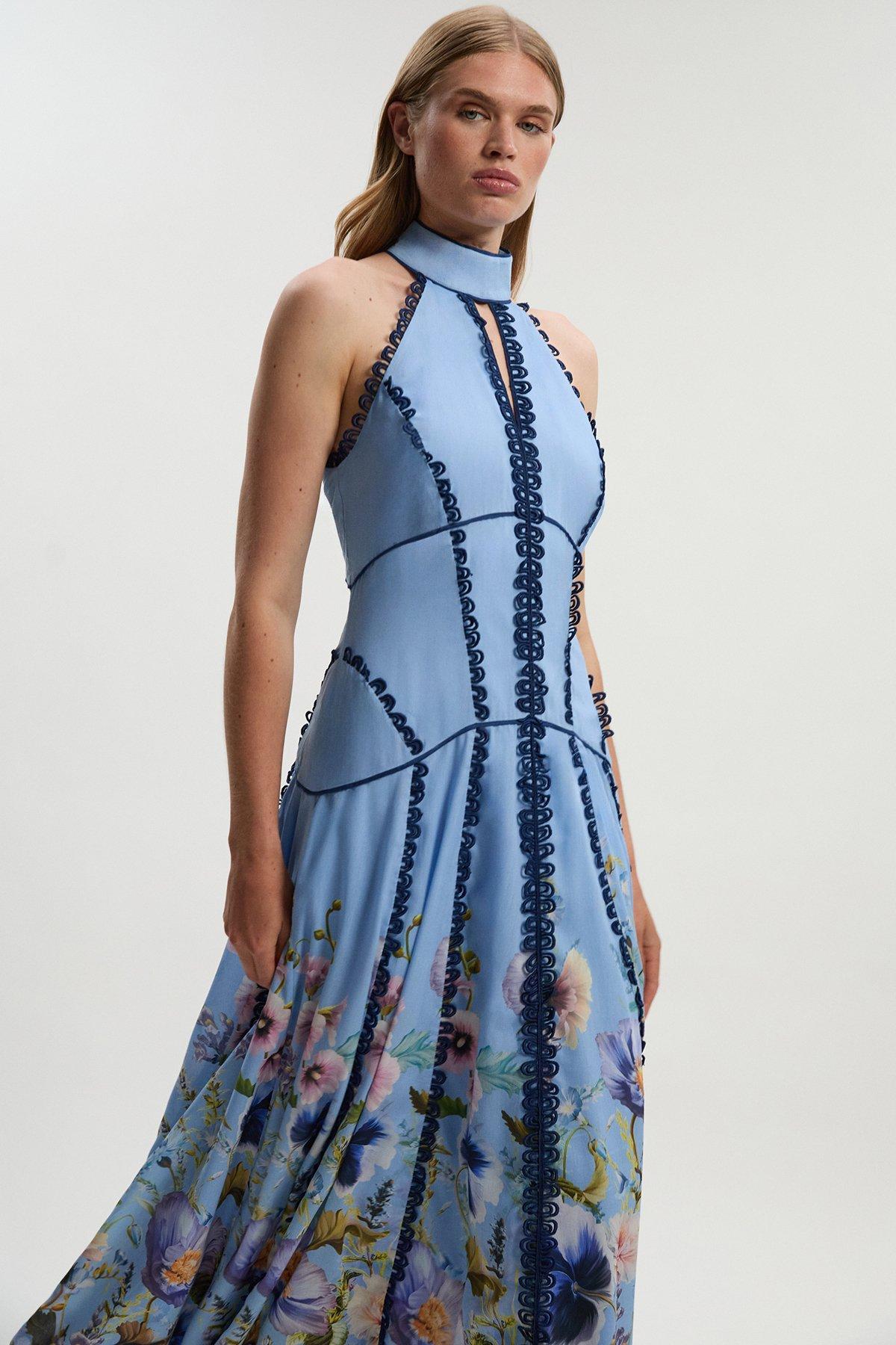 Trailing Floral Woven Halter Neck Maxi Dress - Blue