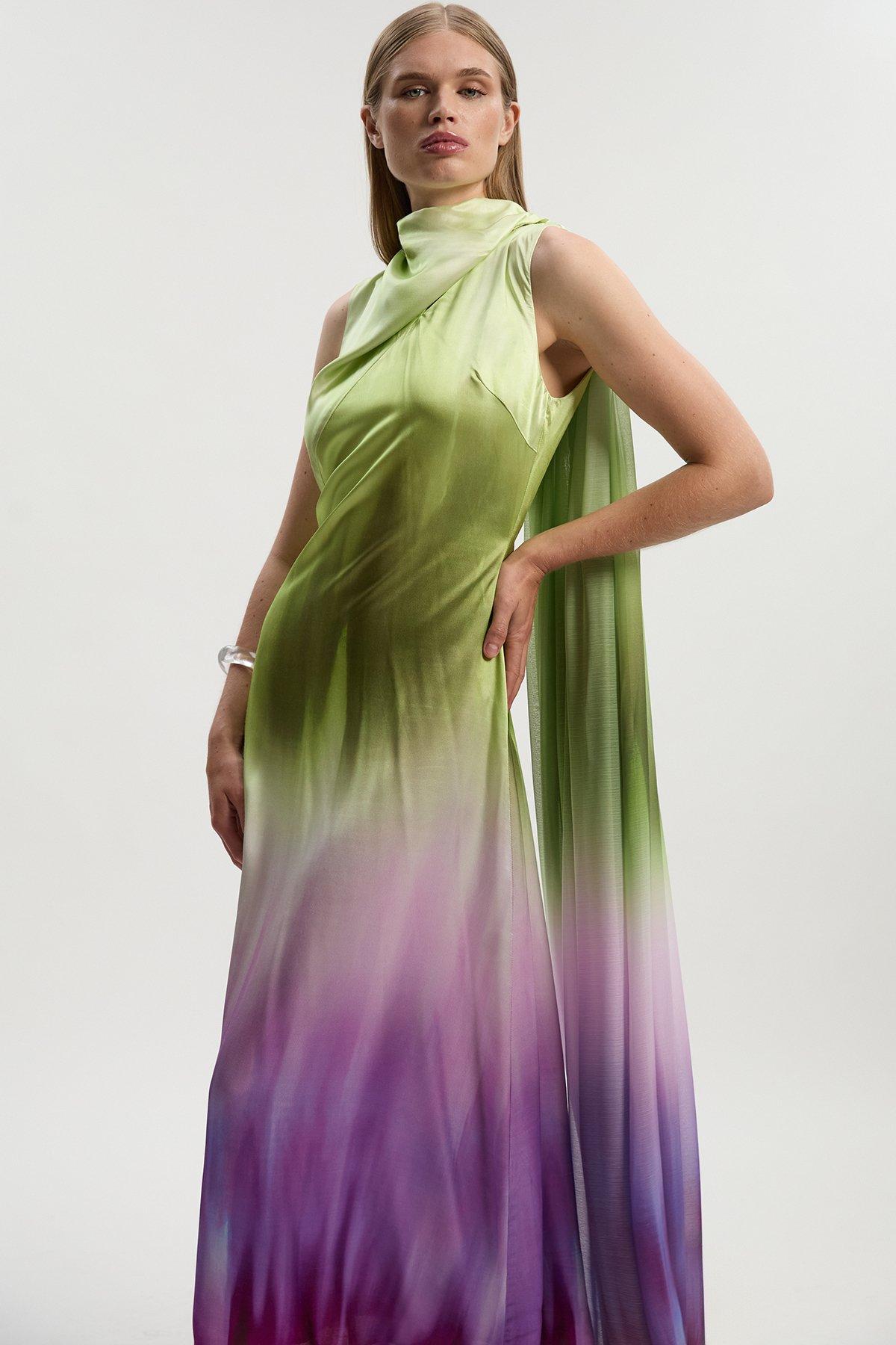 Ombre Satin Drape Georgette Cape Detail Midi Dress