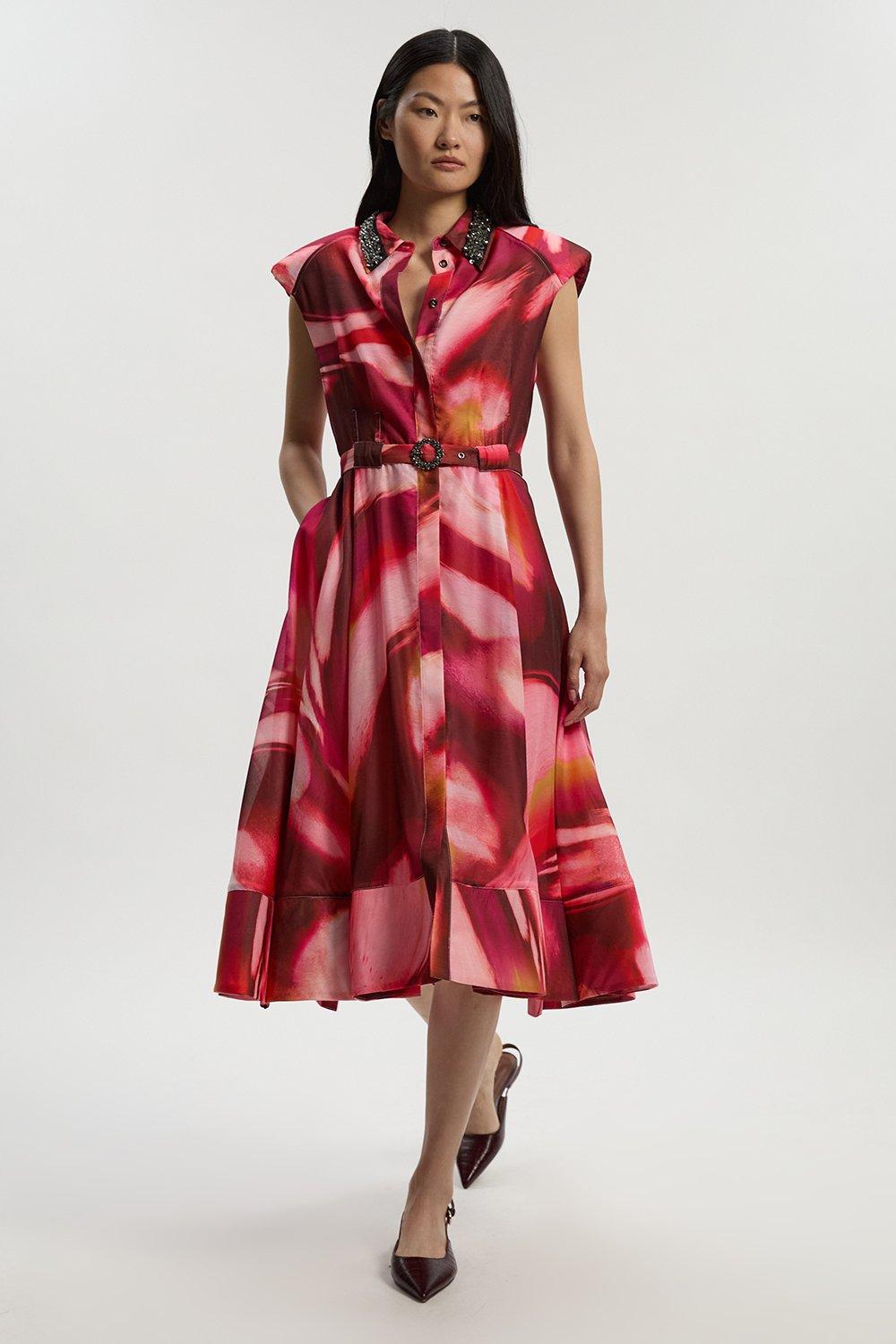 Marble Organdie Shirt Dress With Crystal Embellished Belt