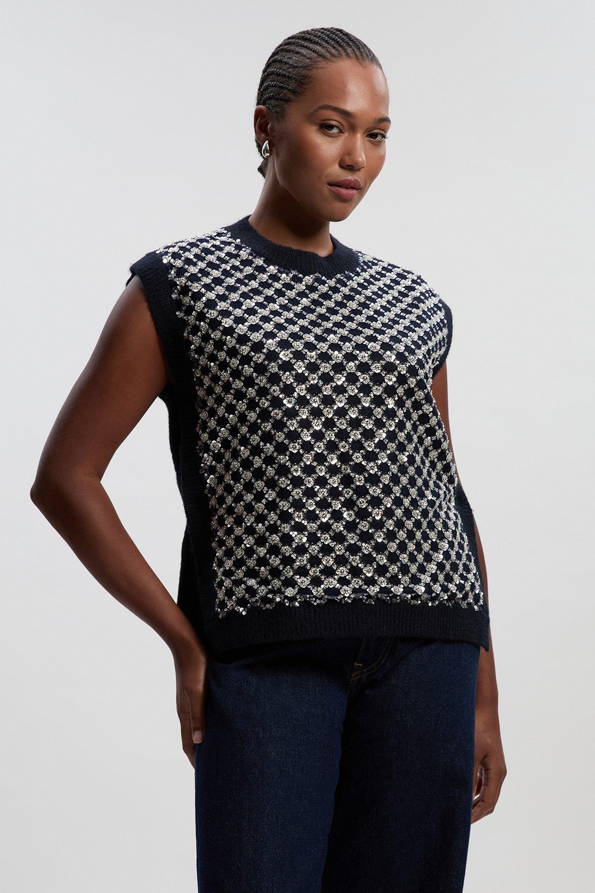 Plus Size Embellished Cosy Knit vest Top - Navy