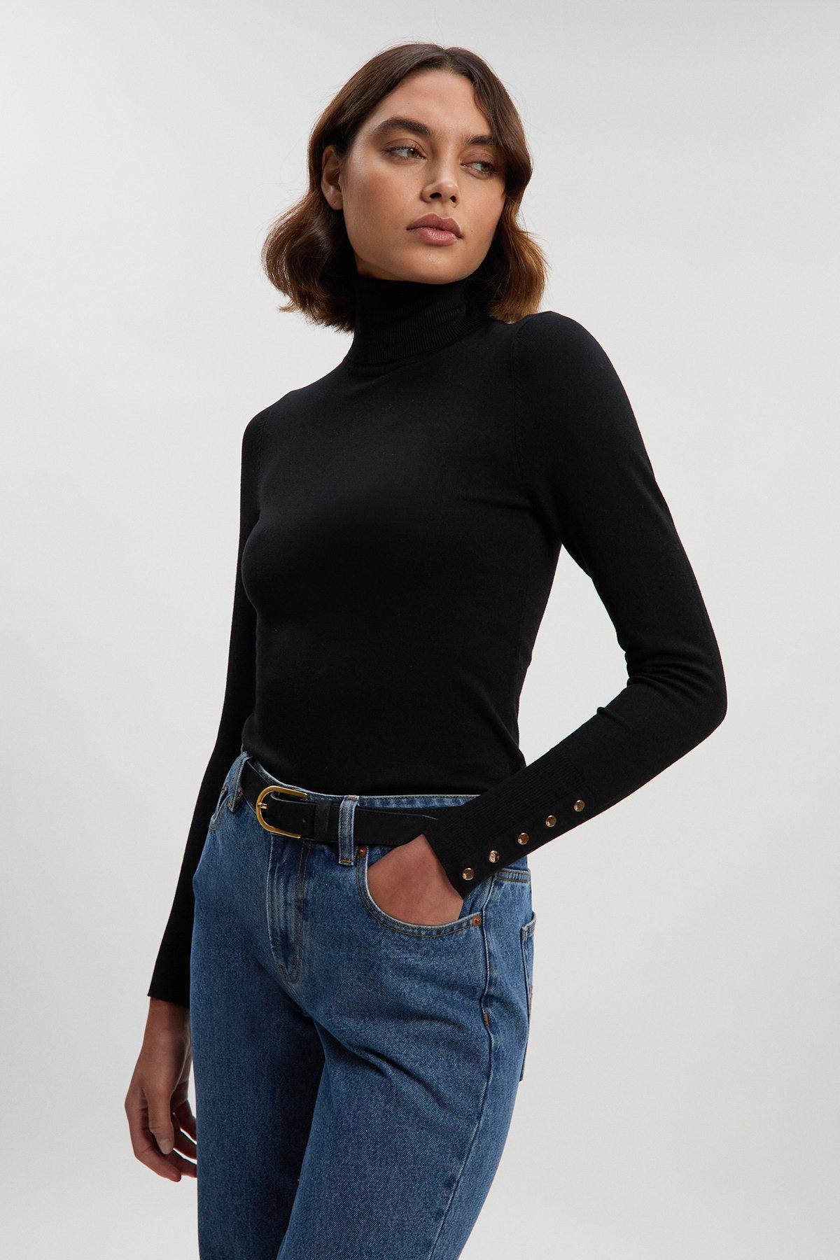 Viscose Blend Roll Neck Knit Jumper - Black