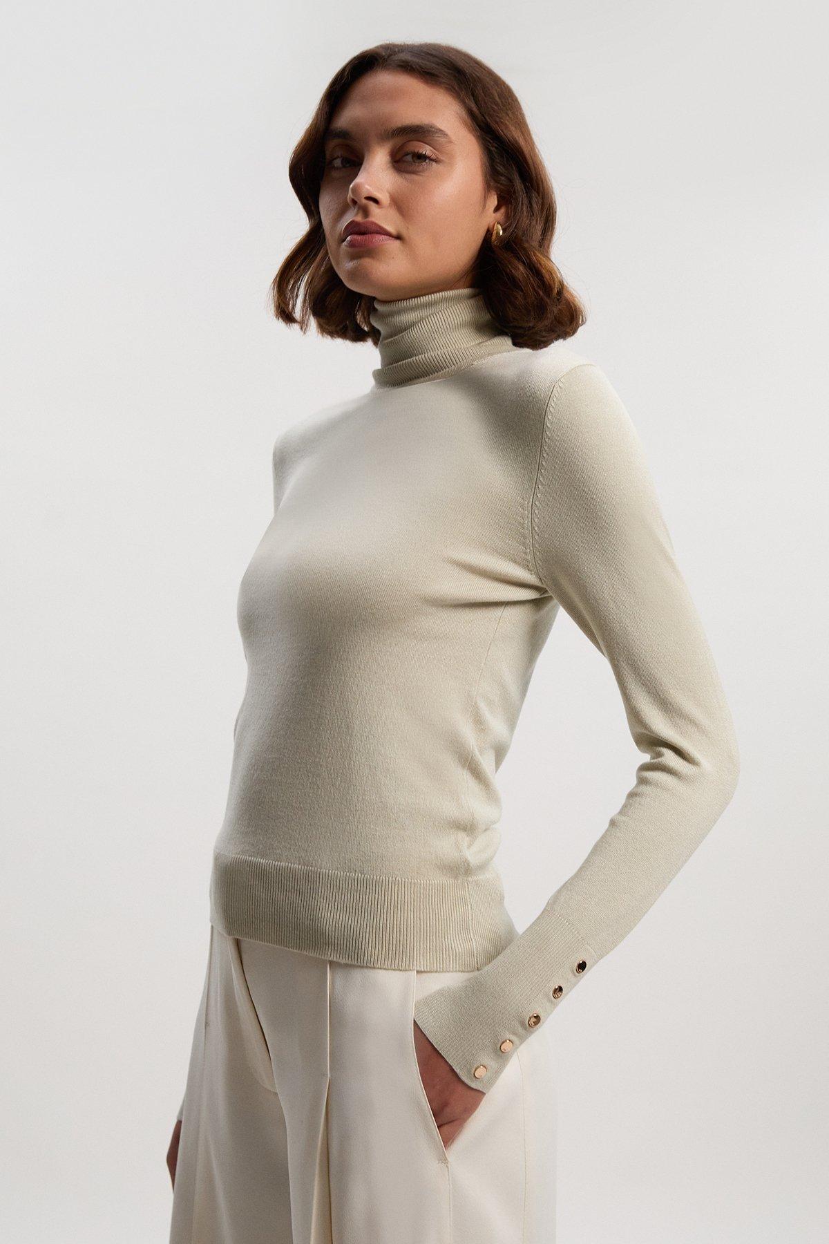 Viscose Blend Roll Neck Knit Jumper - Light Grey