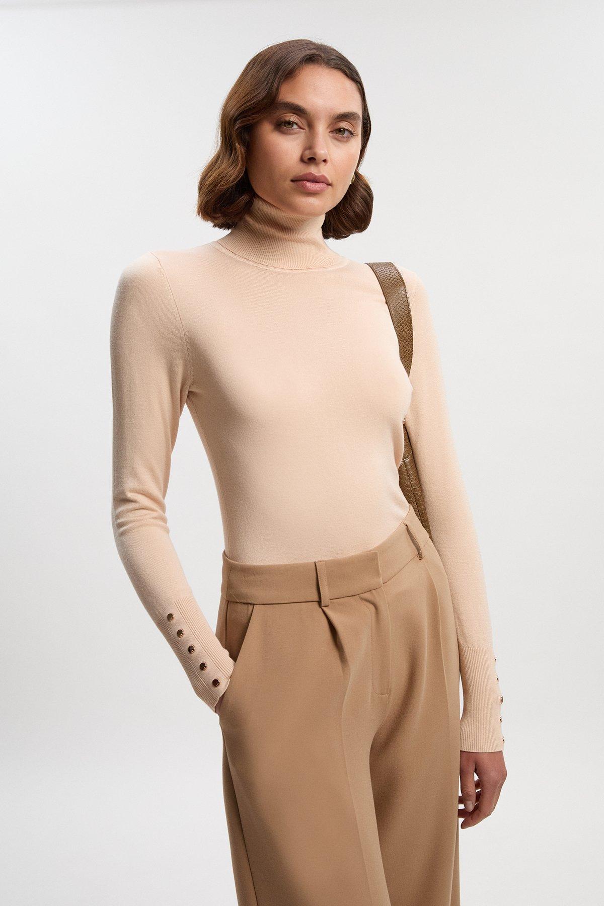 Viscose Blend Roll Neck Knit Jumper - Neutral