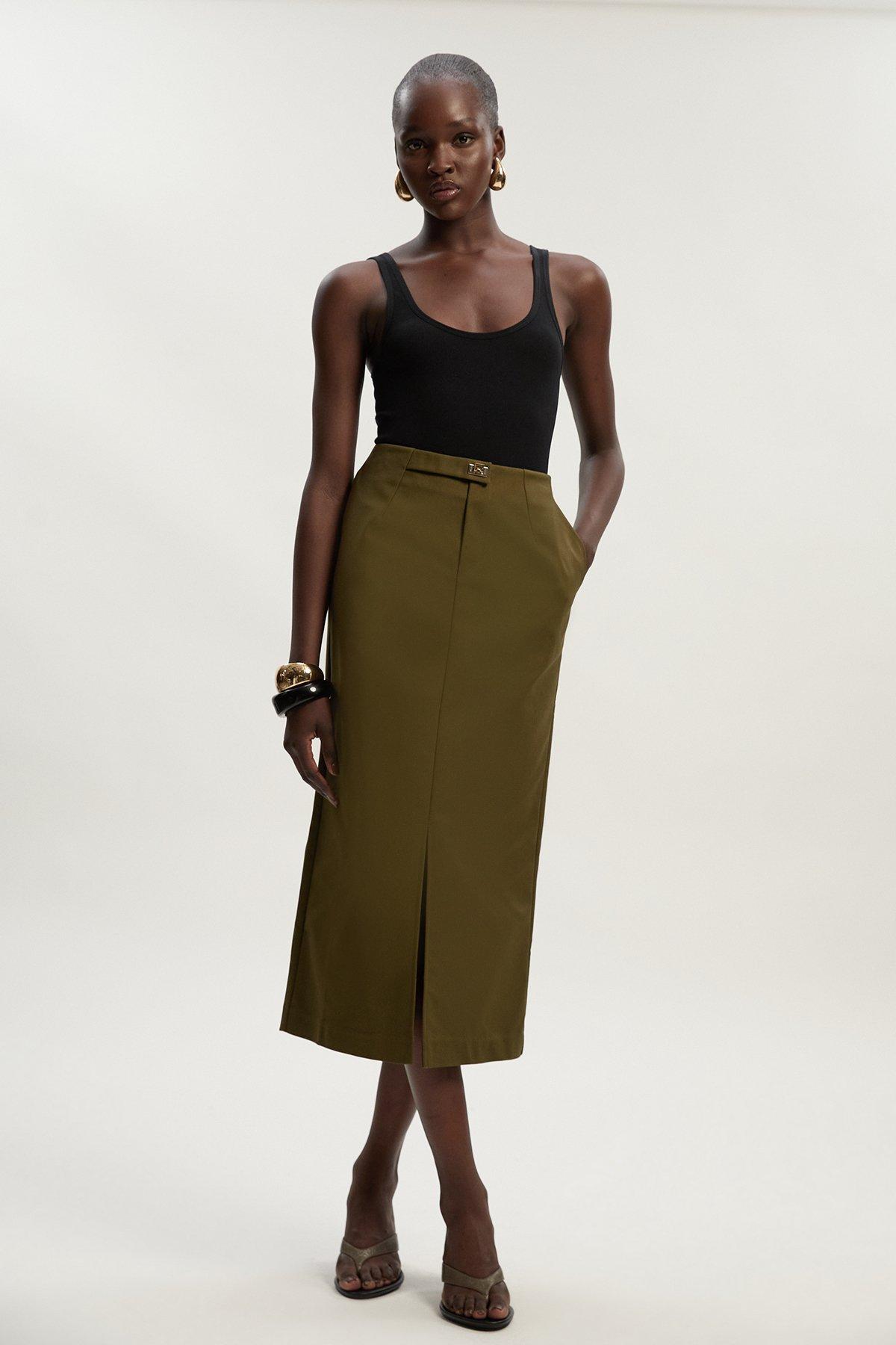 Techno Hardware Detail Woven Midi Pencil Skirt - Khaki/Green