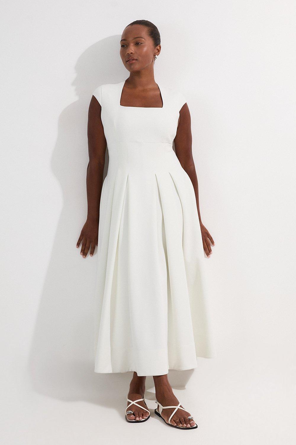 Plus Size Compact Stretch Tailored Square Neck Full Skirted Midi Dress - Ivory