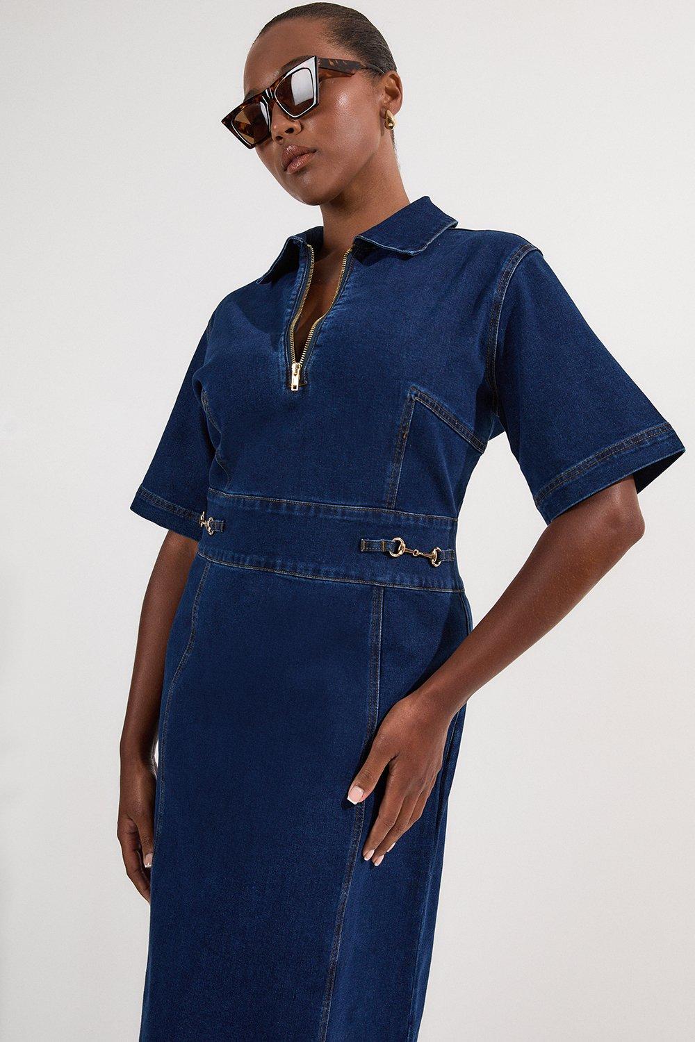 Plus Size Stretch Denim Snaffle Trim Collared Midi Dress - Mid Wash