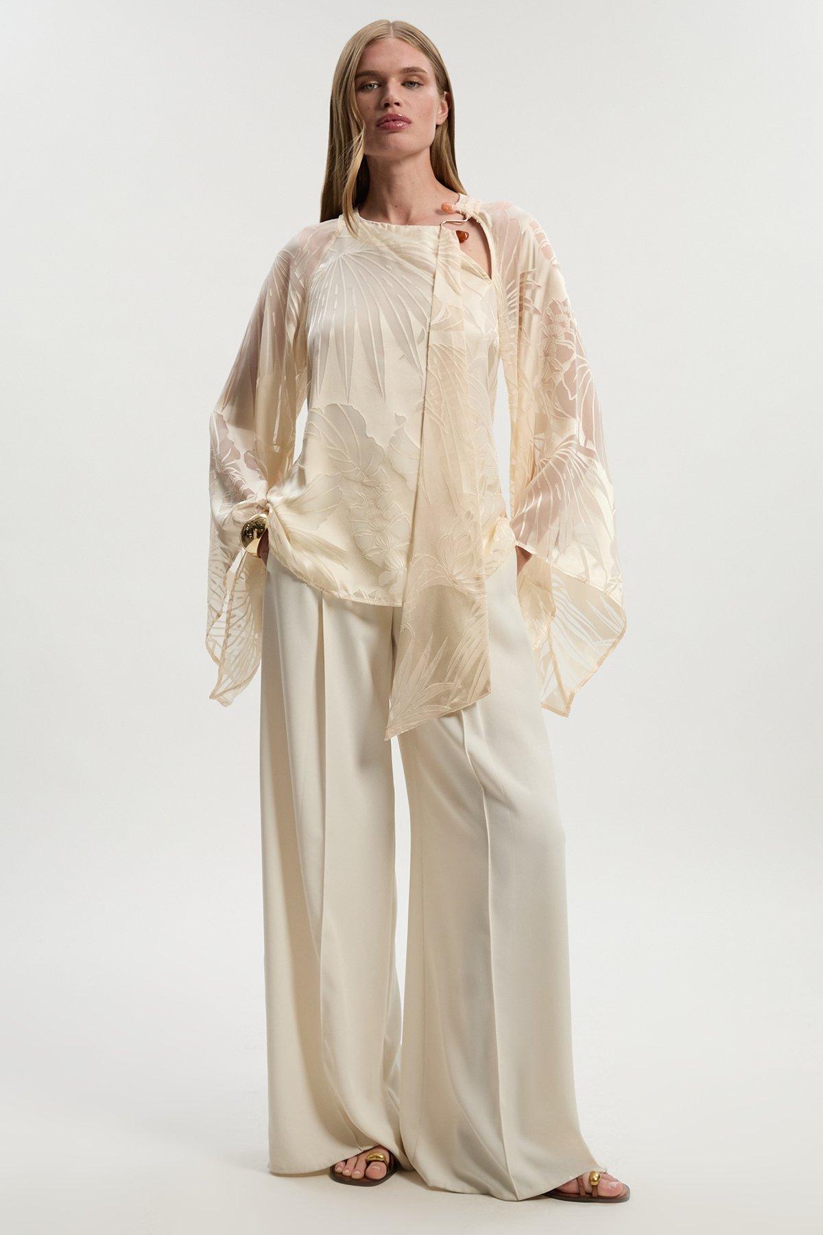 Tall Devoure Flared Sleeve Woven Blouse With Trim Detail - Champagne