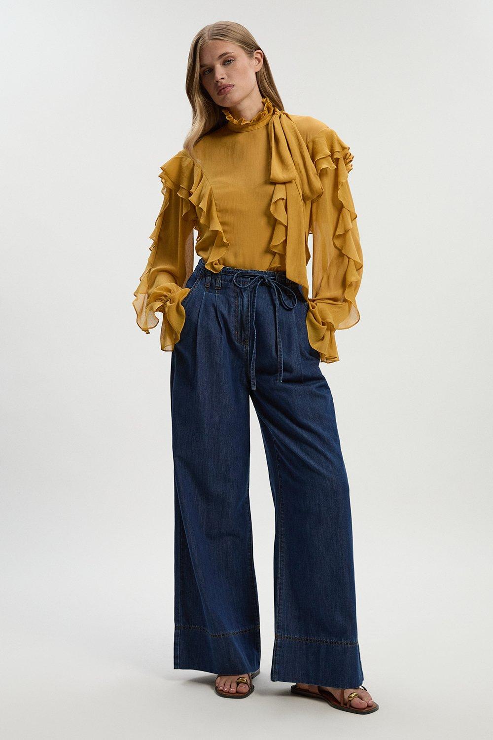 Petite Denim Tie Waist Wide Leg Tailored Trouser - Mid Blue