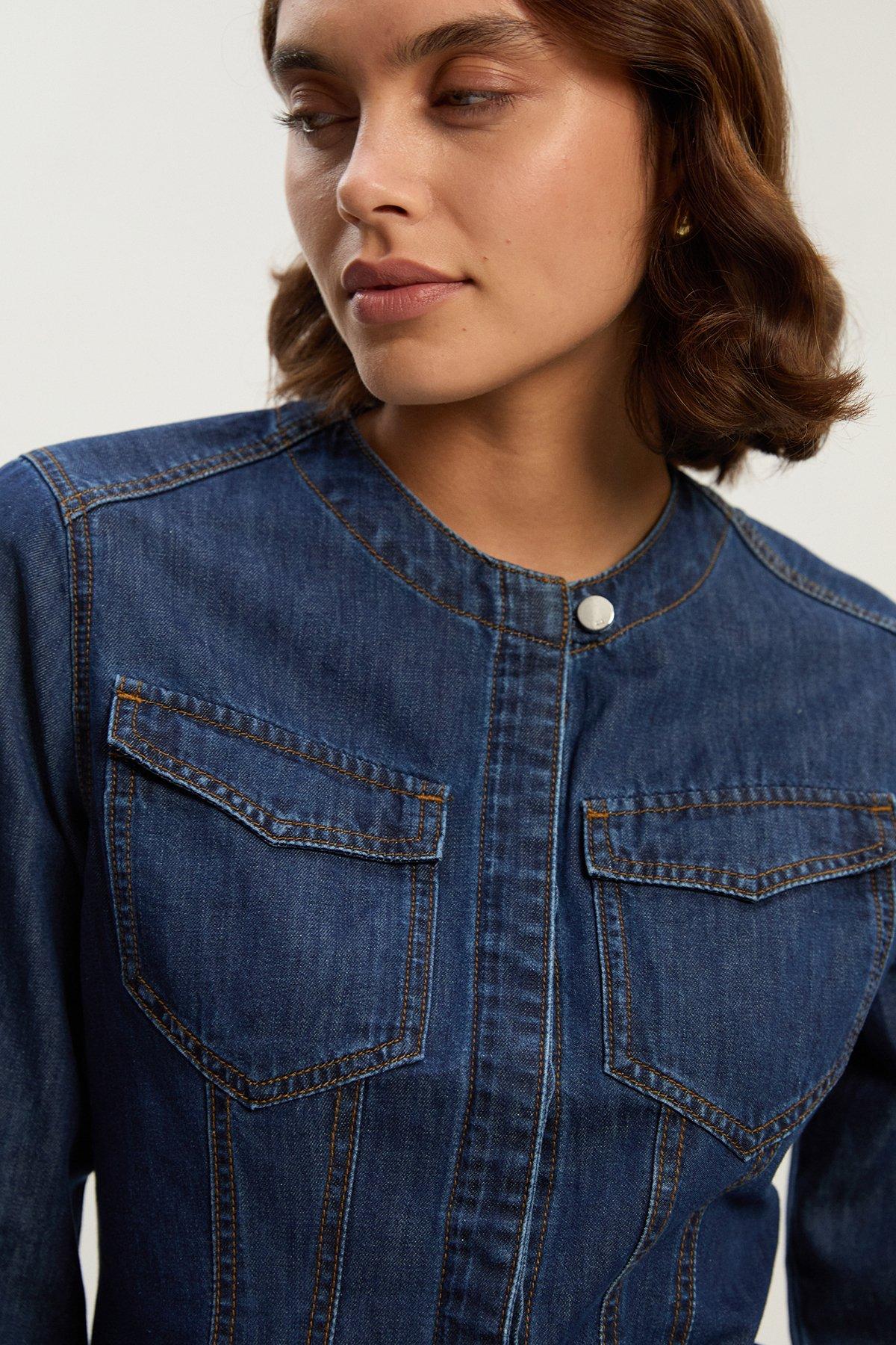 Denim Collarless Tailored Western Shirt - Mid Blue