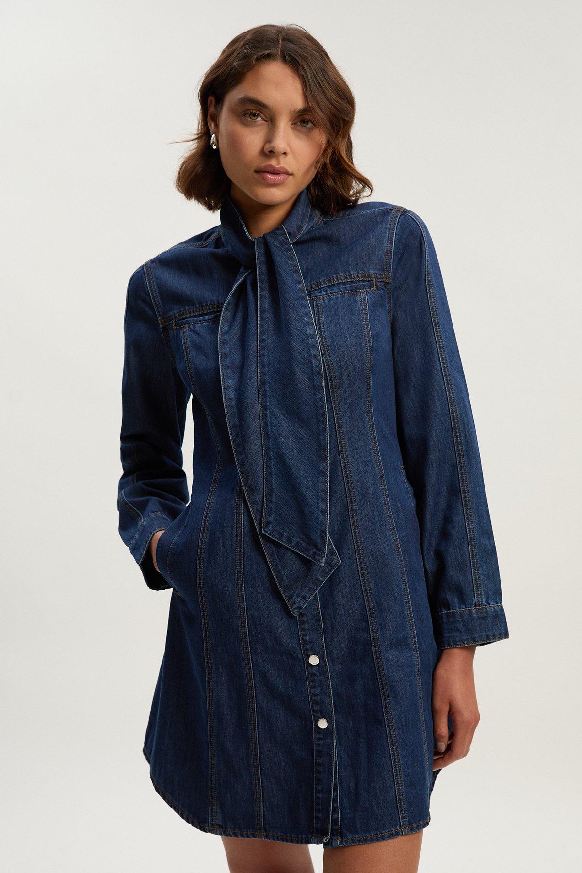 Denim Pussy Bow Shirt Dress - Mid Blue
