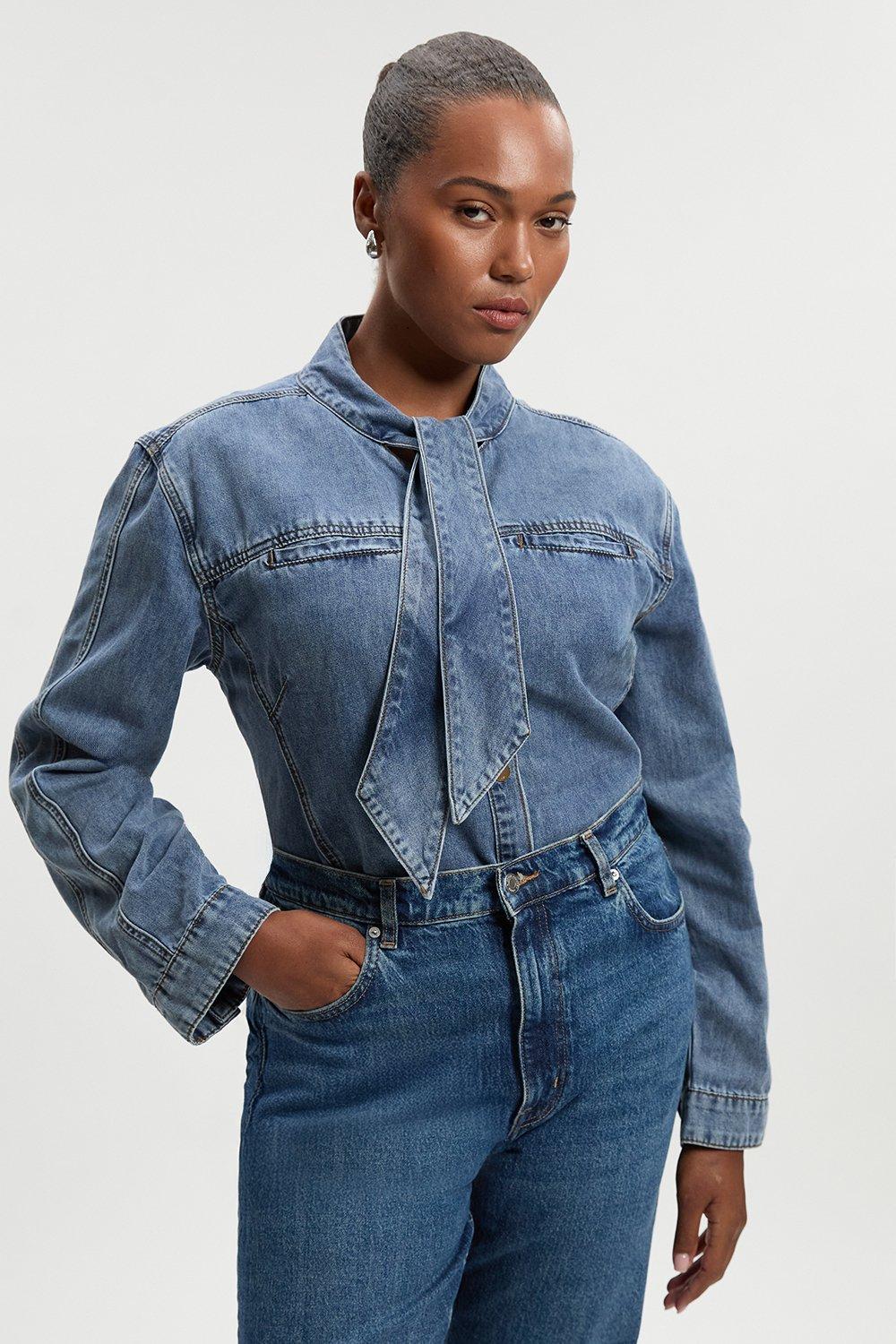 Plus Size Denim Pussy Bow Blouse - Light Blue