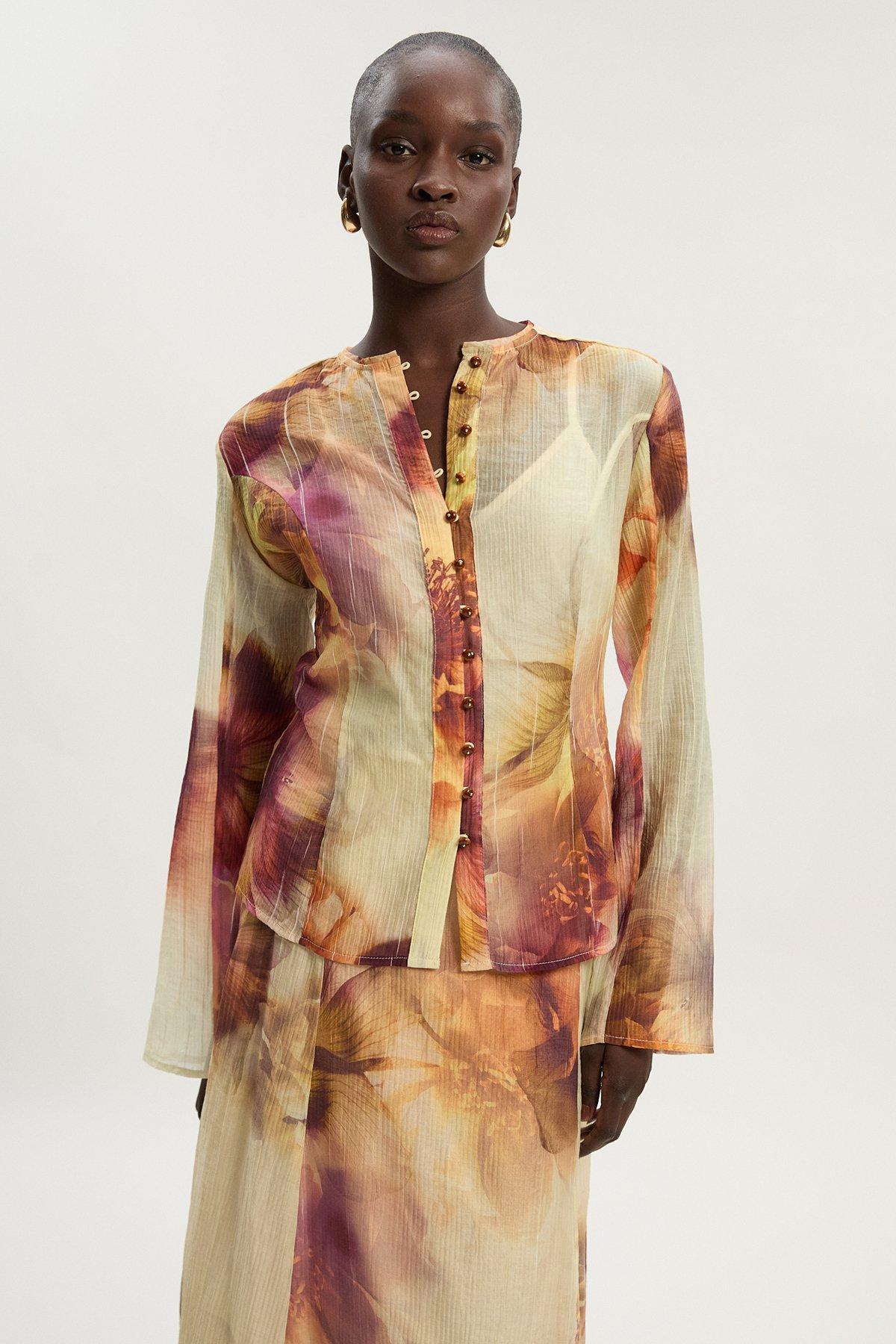Floral Print Crinkle Georgette Button Detail Woven Blouse - Floral