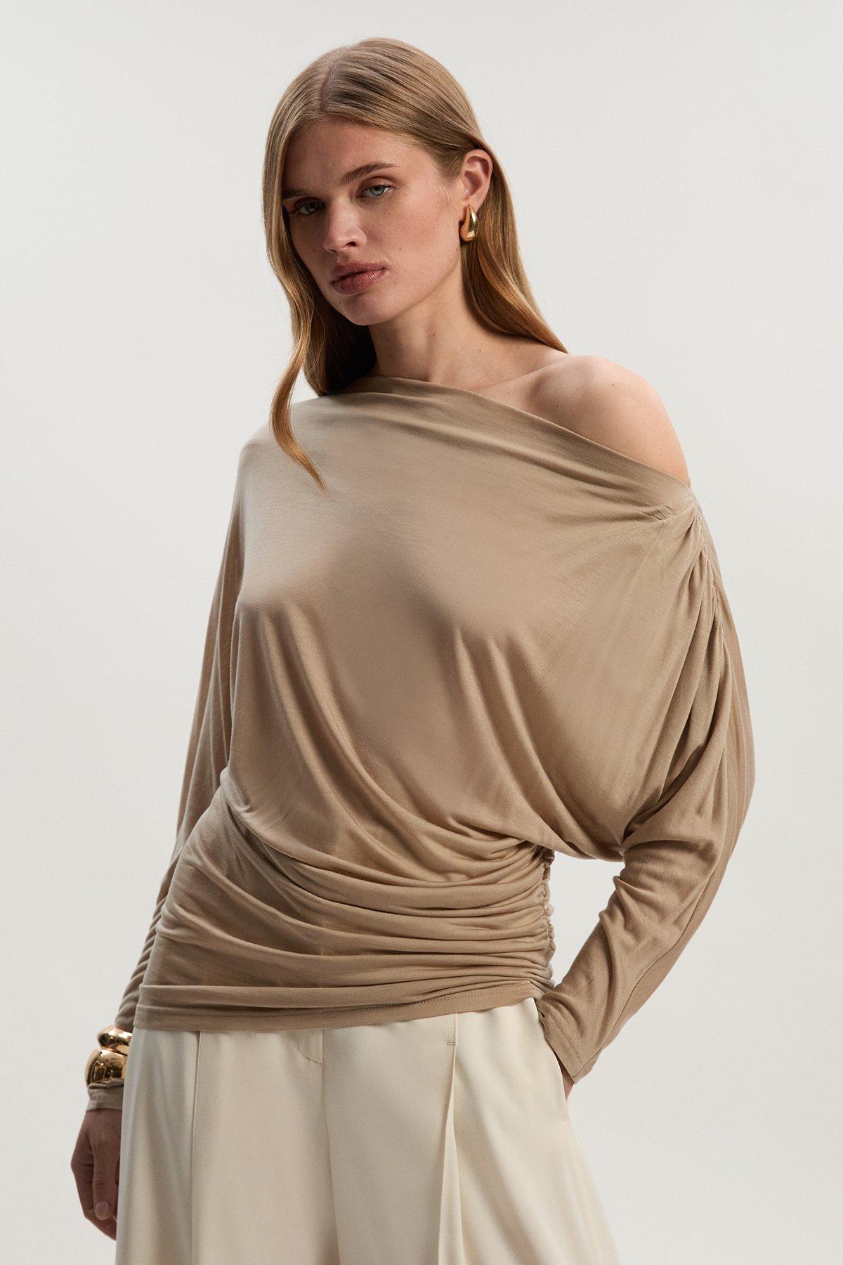 Tencel Ruched Asymmetric Neck Long Sleeve Top - Neutral