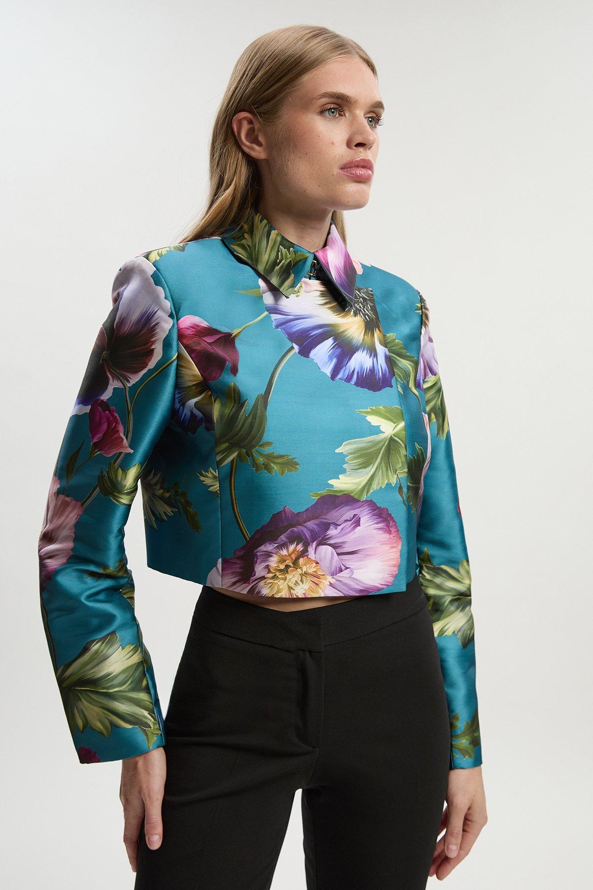 Rose Floral Twill Cropped Woven Jacket - Blue