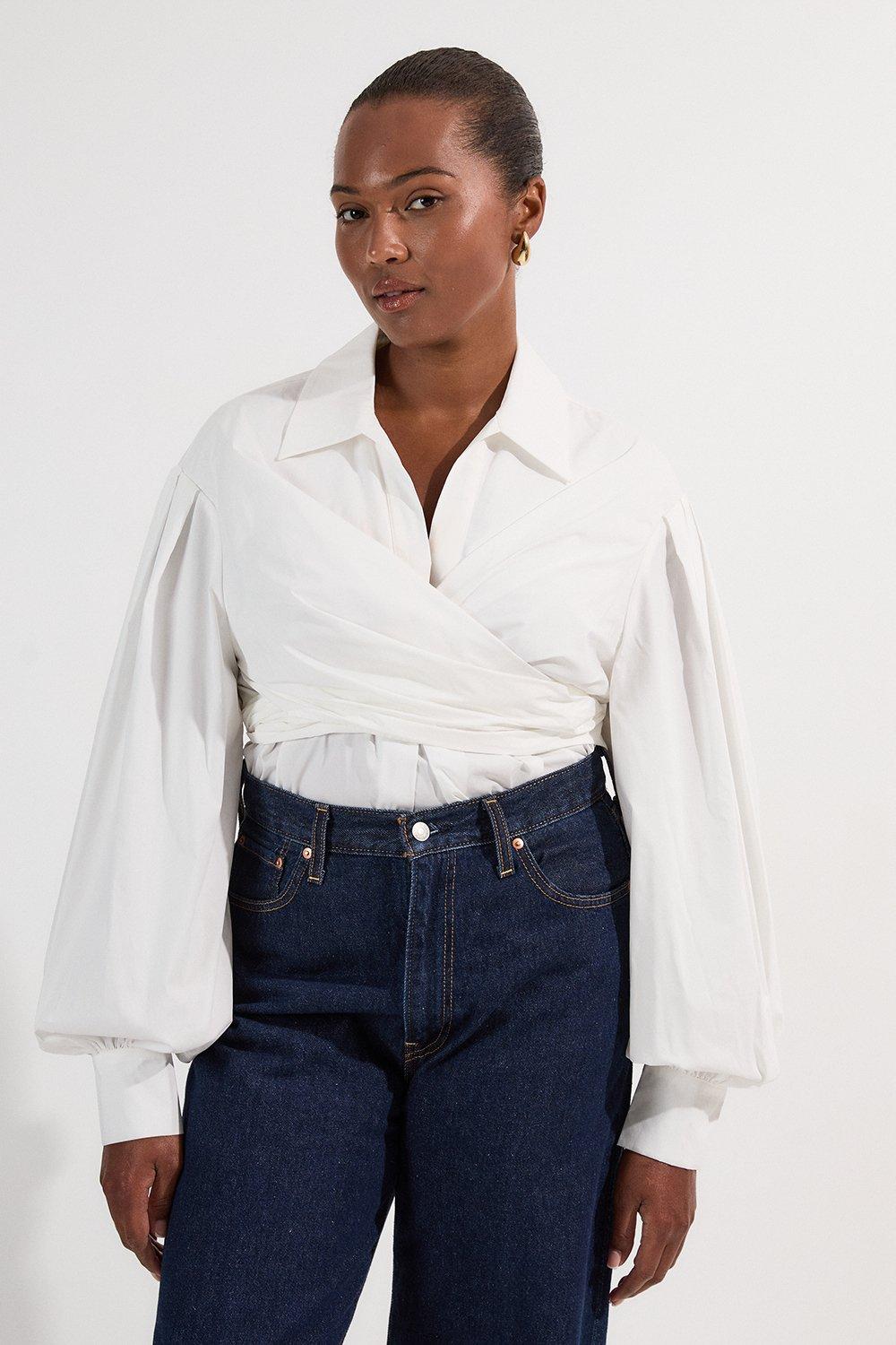 Plus Size Cotton Poplin Drama Sleeve Woven Wrap Detail Blouse - White