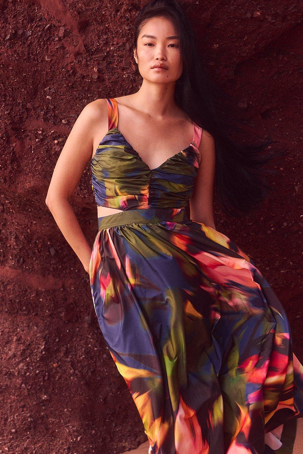 Blurred Floral Drama Woven Taffeta Maxi Dress