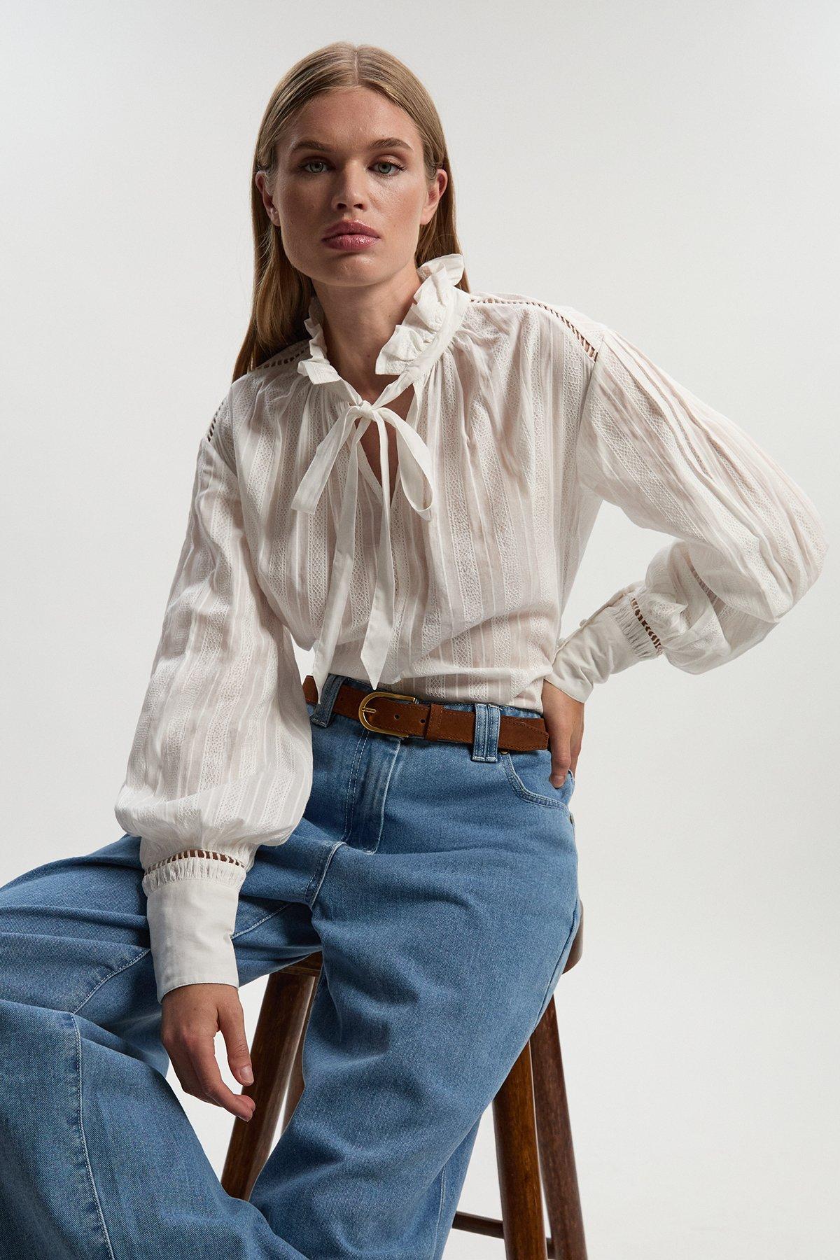 Cotton With Lace Trim Insert High Neck Puff Sleeve Blouse - White
