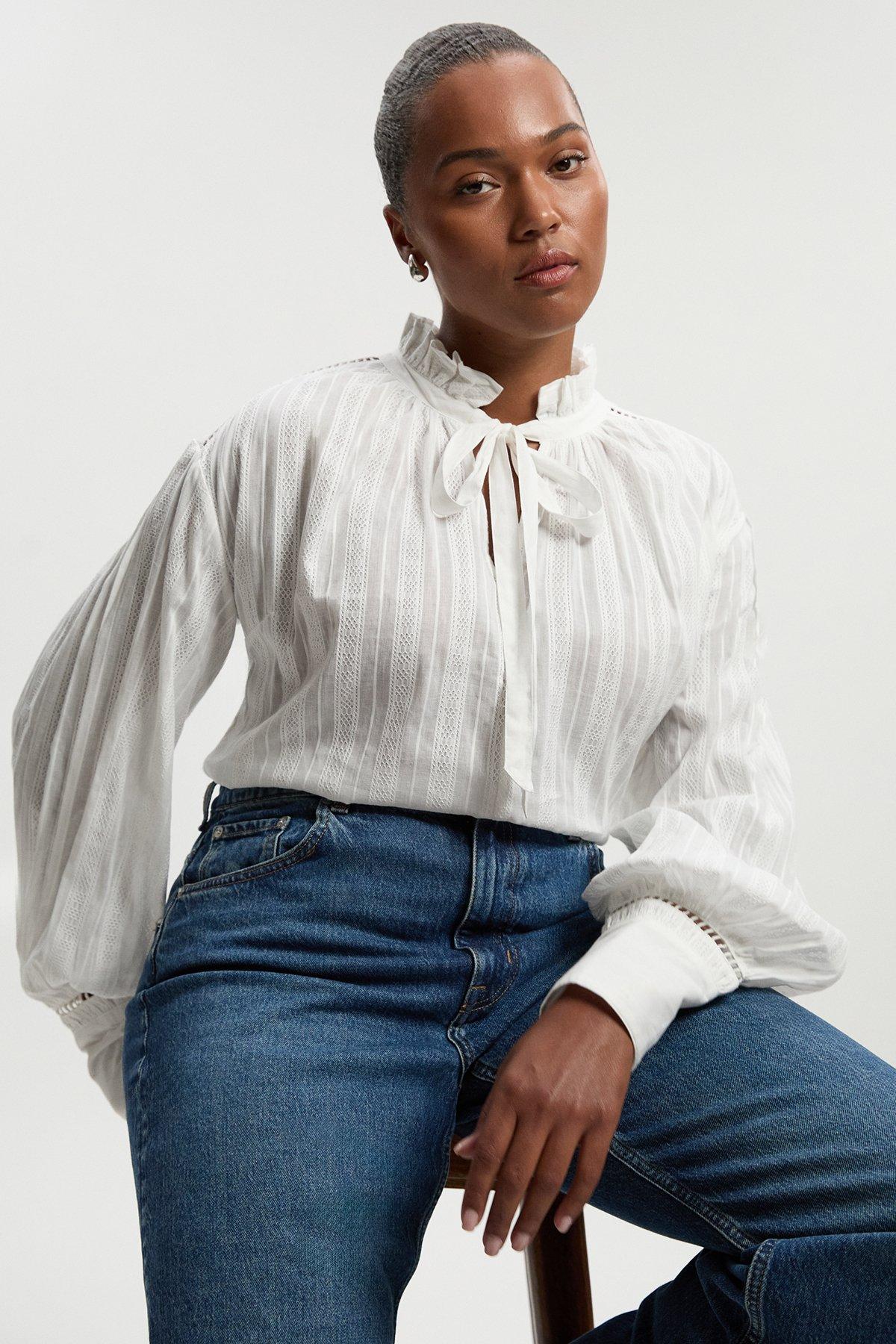 Plus Size Cotton With Lace Trim Insert High Neck Puff Sleeve Blouse - White