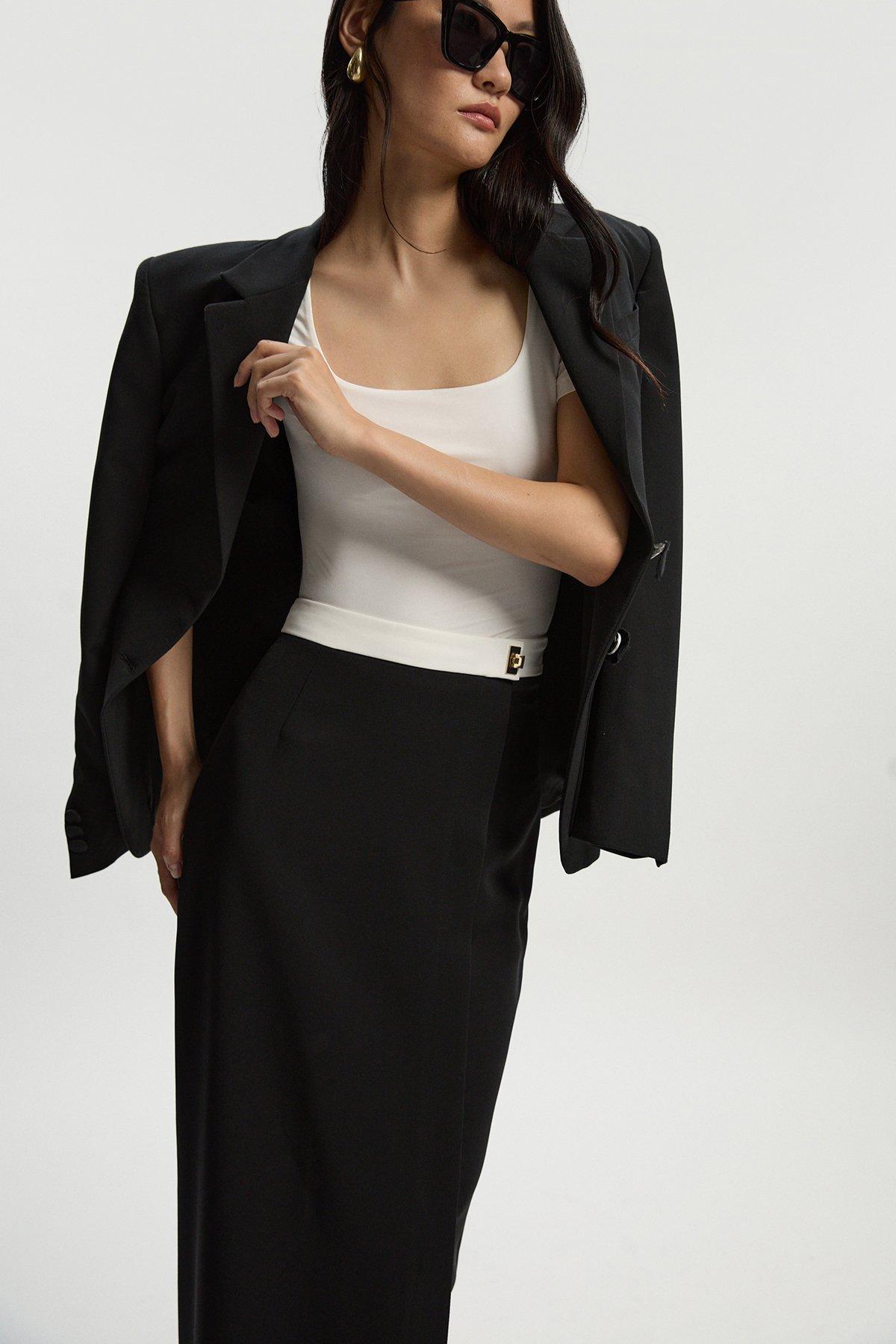 Petite Twill Contrast Hardware Woven Midi Skirt - Black