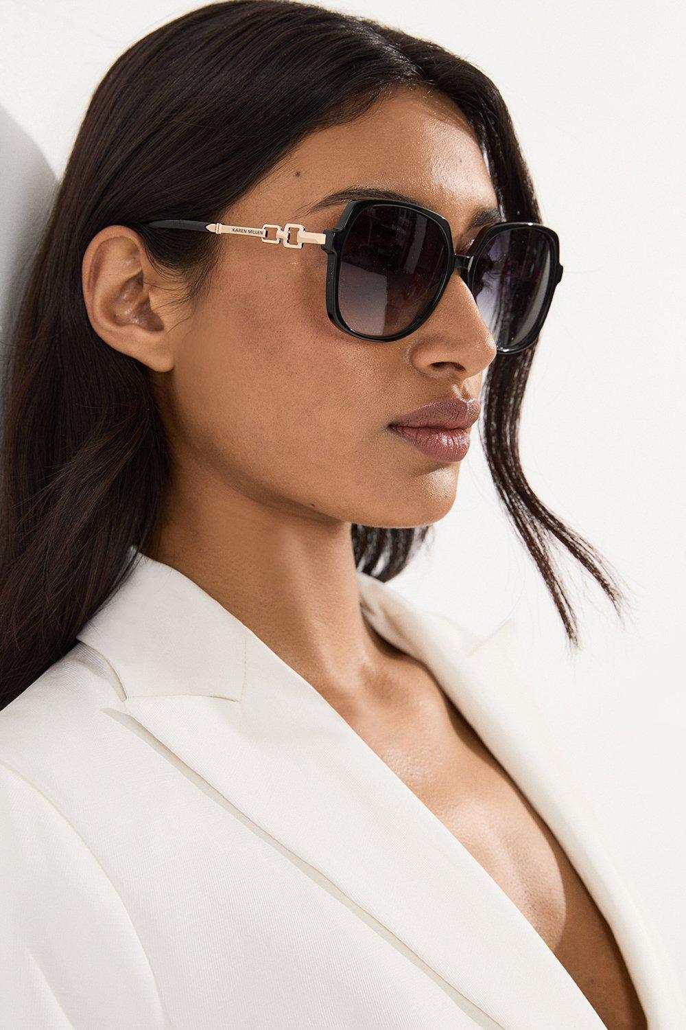 Black Rounded Gold Detail Sunglasses - Black