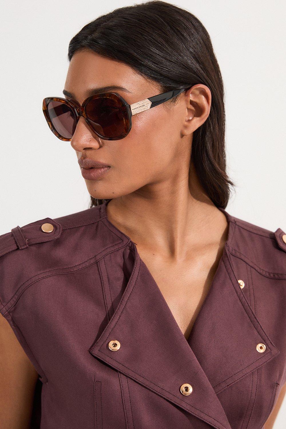 Brown Patterned Hexagonal Gold Detail Sunglasses - Brown