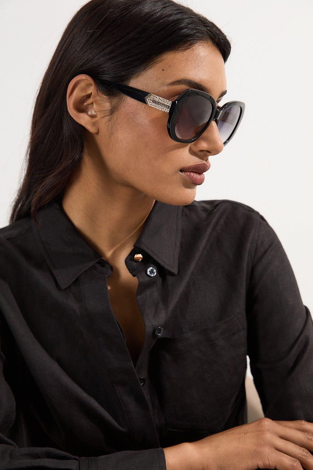 Black Hexagonal Gold Detail Sunglasses - Black